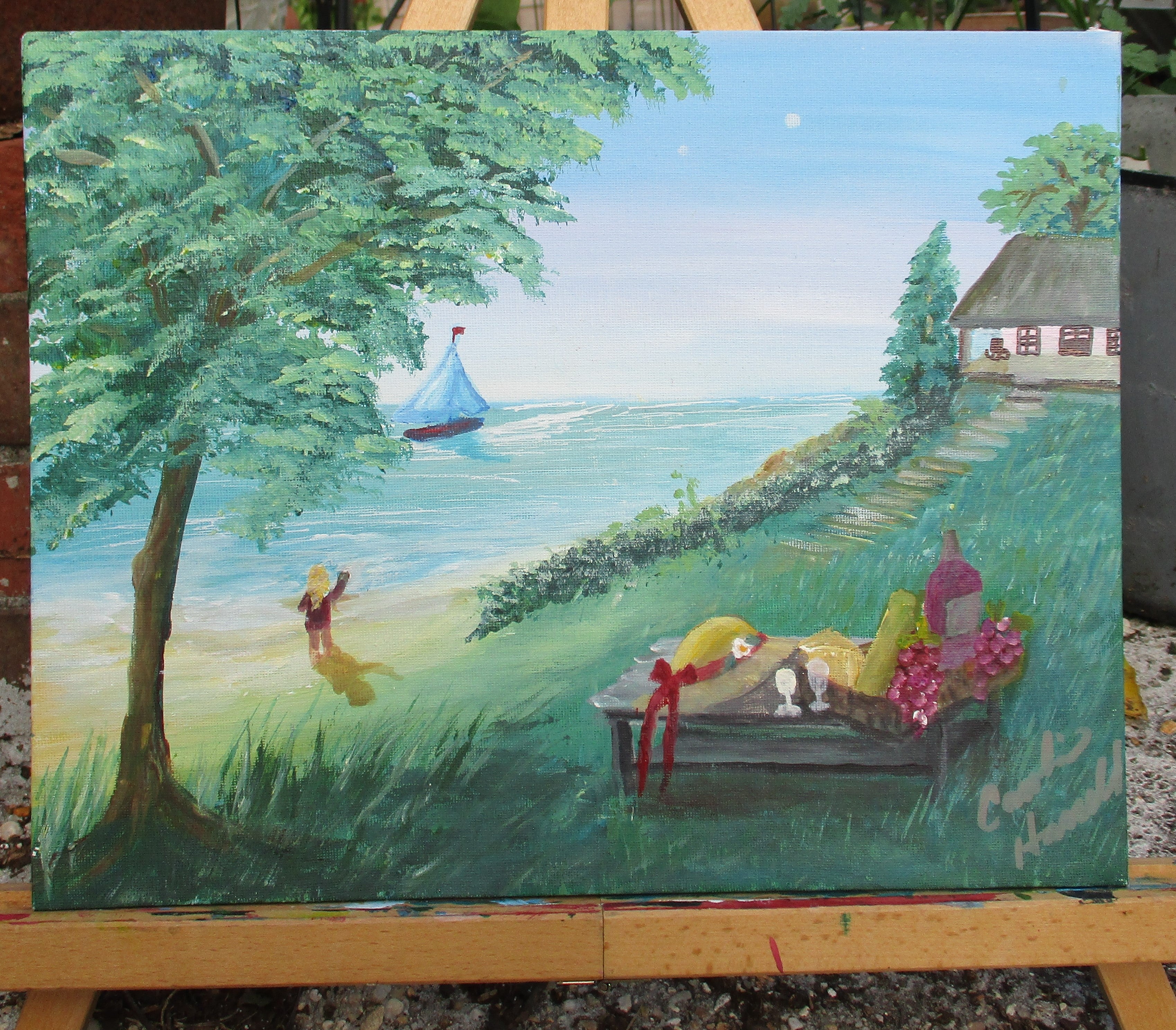 Painted Canvas Art Passing Sailboat Painting 14 x 11