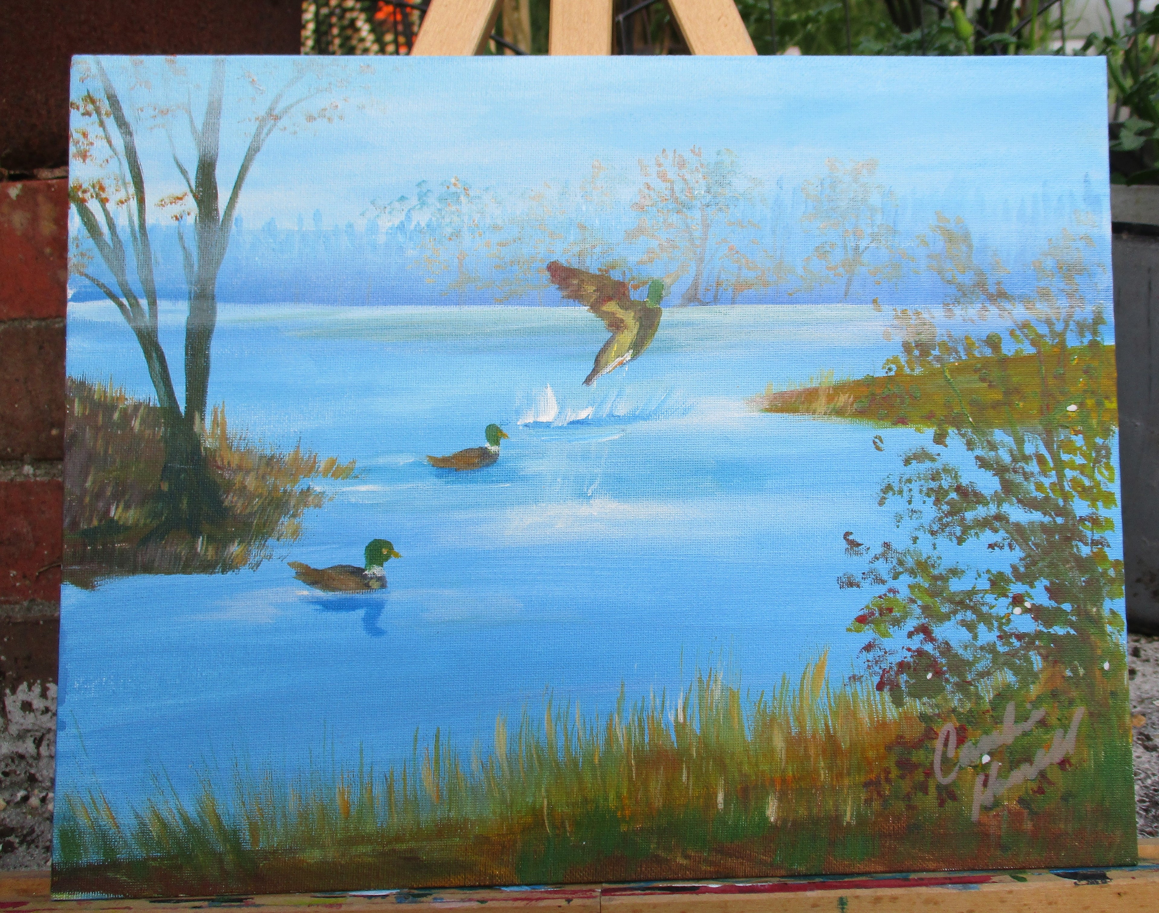 Painted Canvas Art Foggy Morning Ducks Painting 14x11