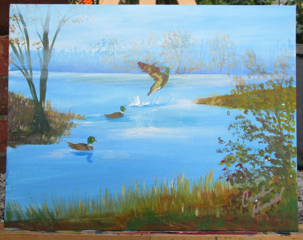 Painted Canvas Art Foggy Morning Ducks Painting 14x11