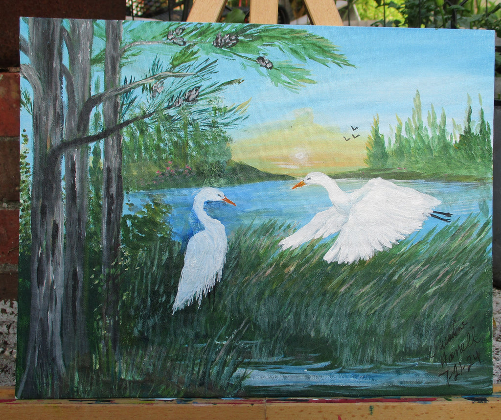 Painted Canvas Art Mated Egret Birds Painting 14x11
