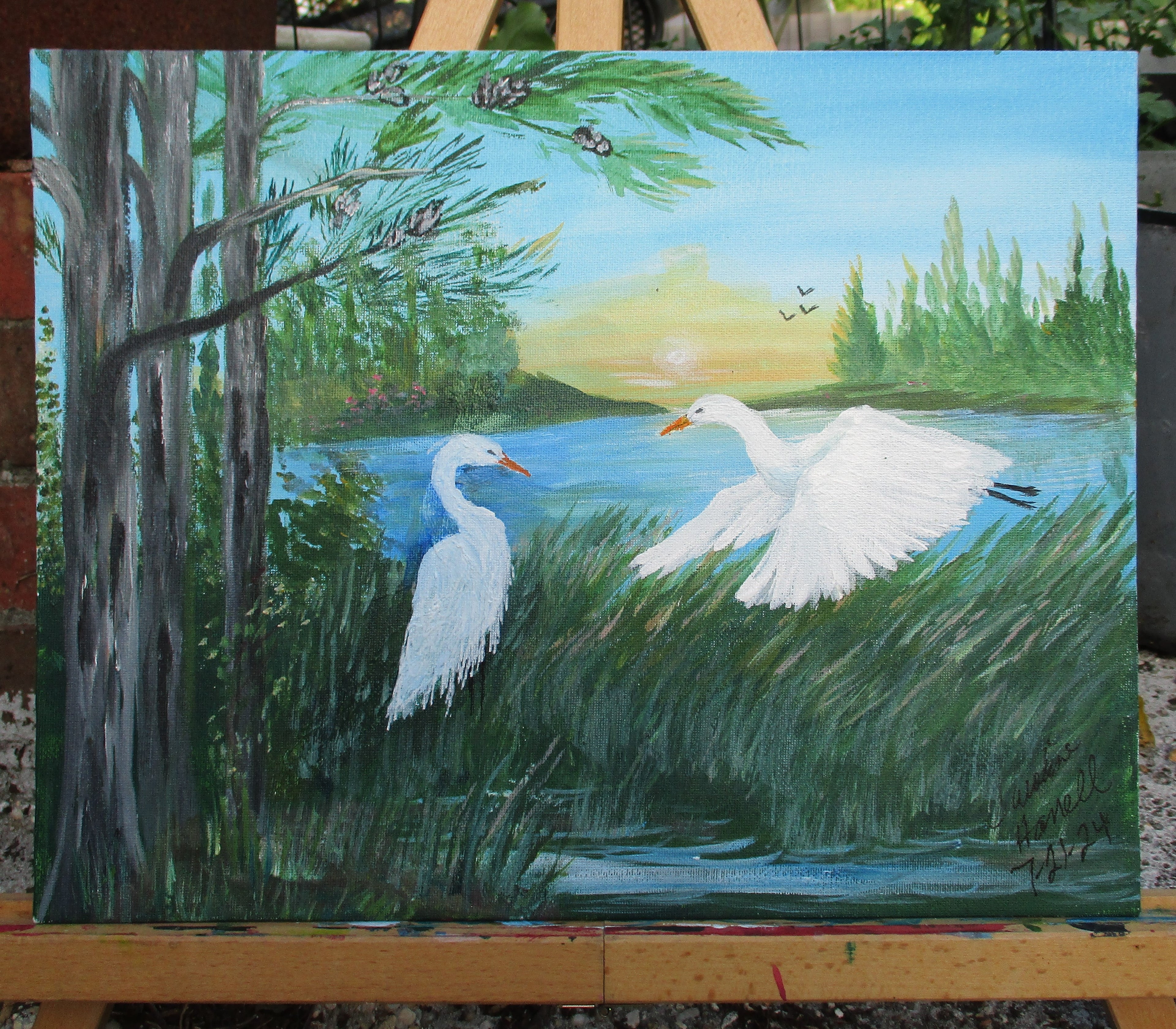 Painted Canvas Art Mated Egret Birds Painting 14x11