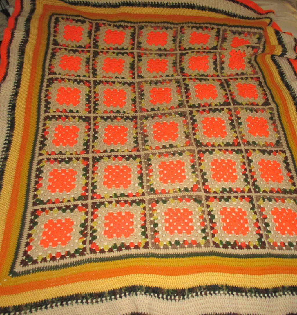 Hand Crocheted One-of-a-kind Blanket Afghan Granny Squares 71x60 Orange Camo