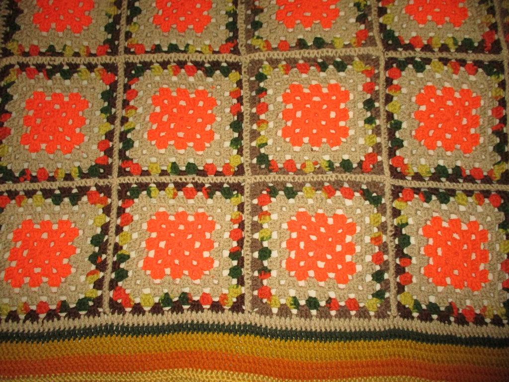 Hand Crocheted One-of-a-kind Blanket Afghan Granny Squares 71x60 Orange Camo