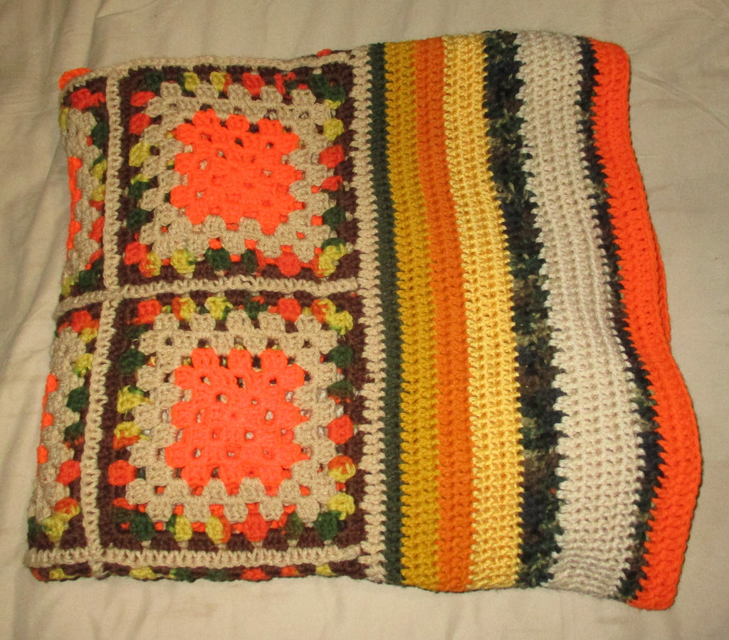 Hand Crocheted One-of-a-kind Blanket Afghan Granny Squares 71x60 Orange Camo