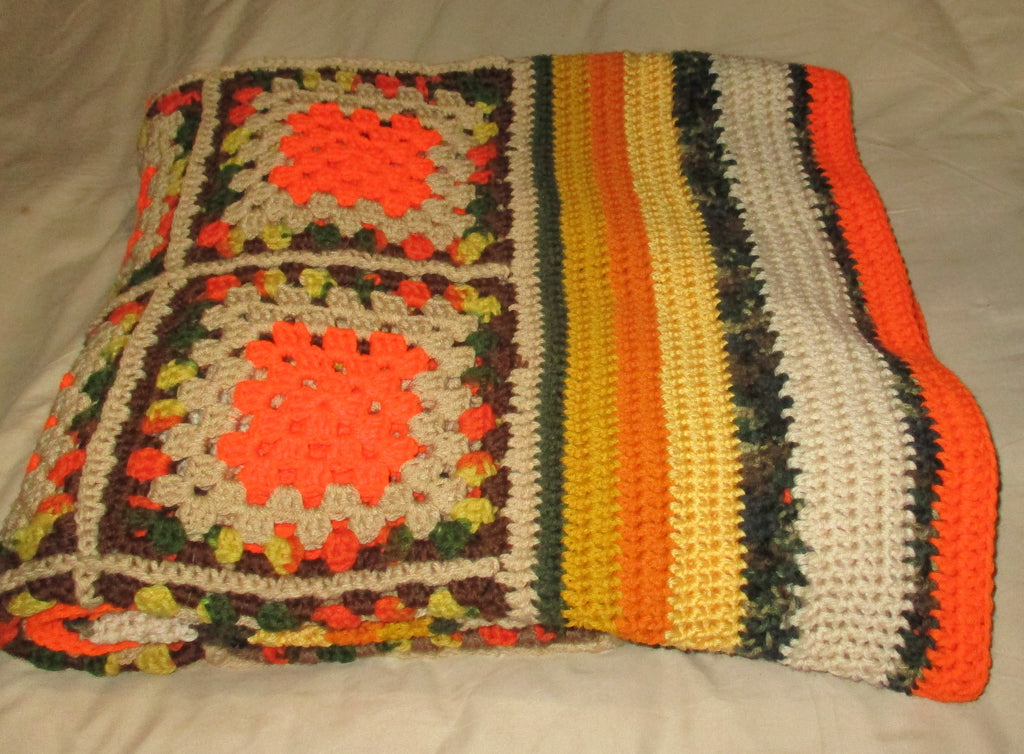Hand Crocheted One-of-a-kind Blanket Afghan Granny Squares 71x60 Orange Camo