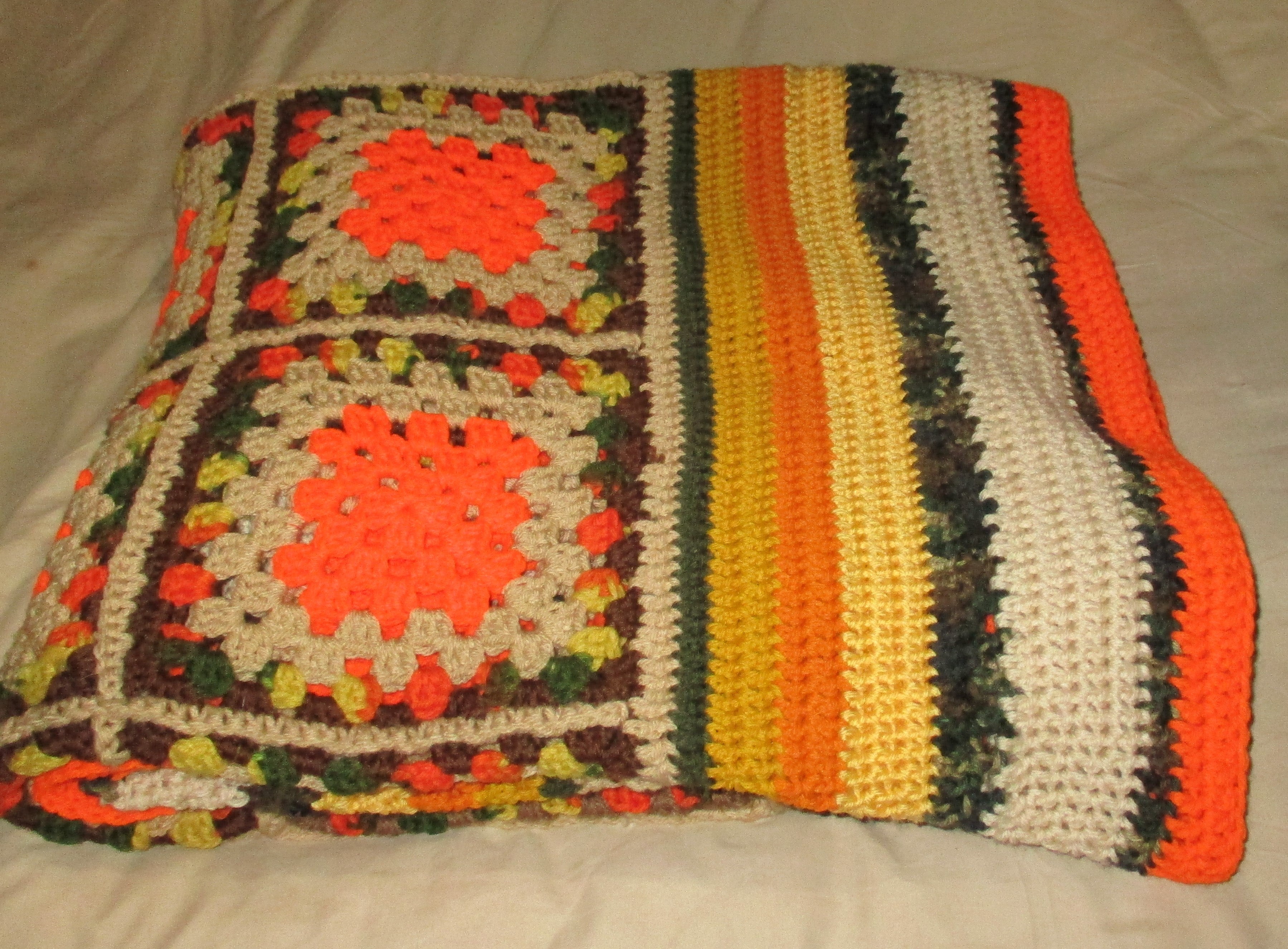 Hand Crocheted One-of-a-kind Blanket Afghan Granny Squares 71x60 Orange Camo