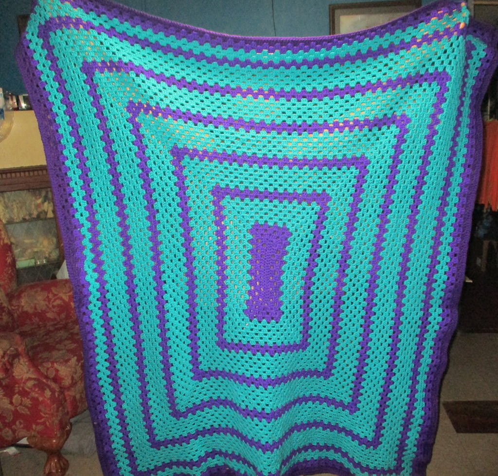 Hand Crocheted One-of-a-kind Blanket Afghan teal purple 56x72