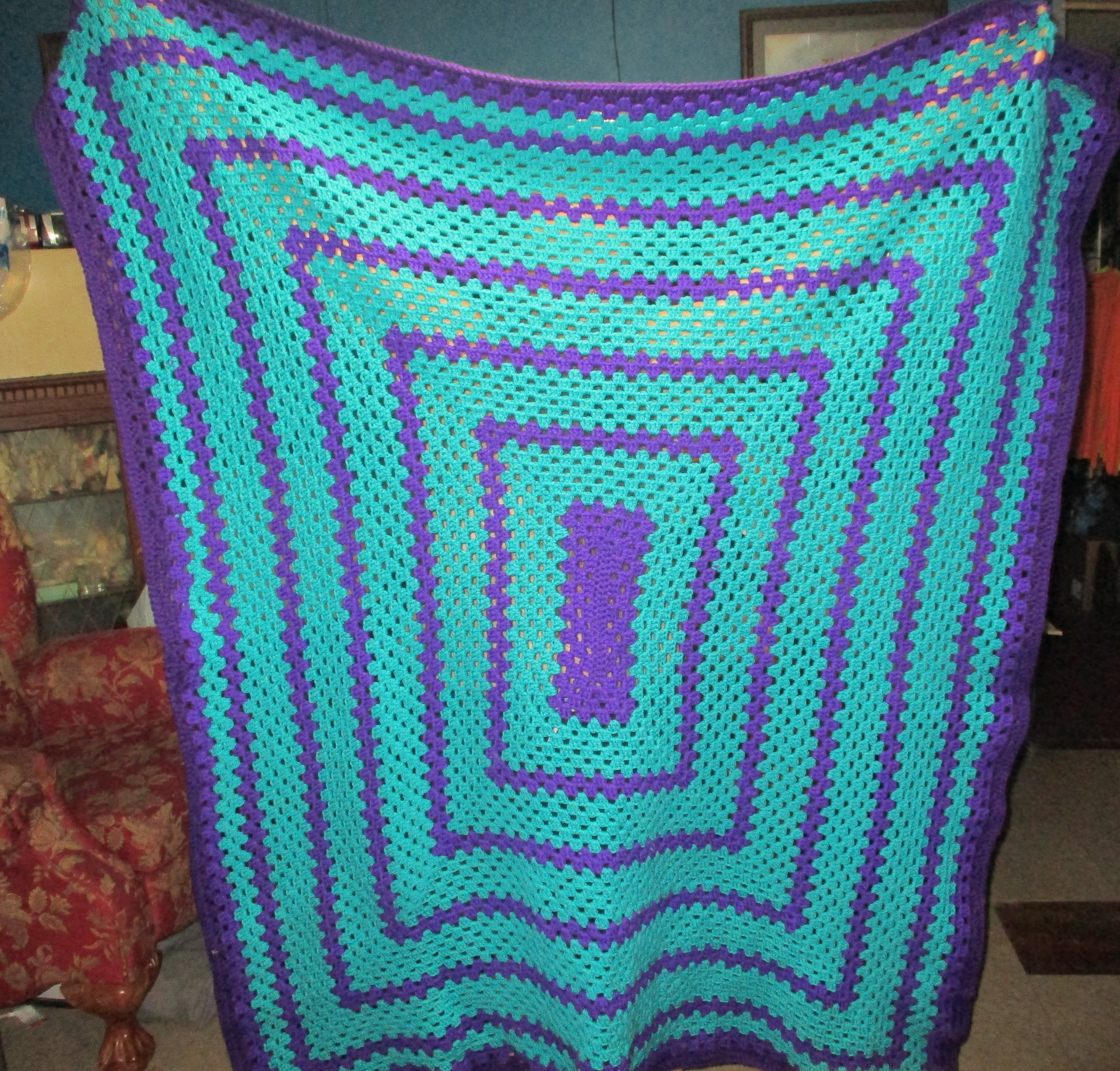 Hand Crocheted One-of-a-kind Blanket Afghan teal purple 56x72