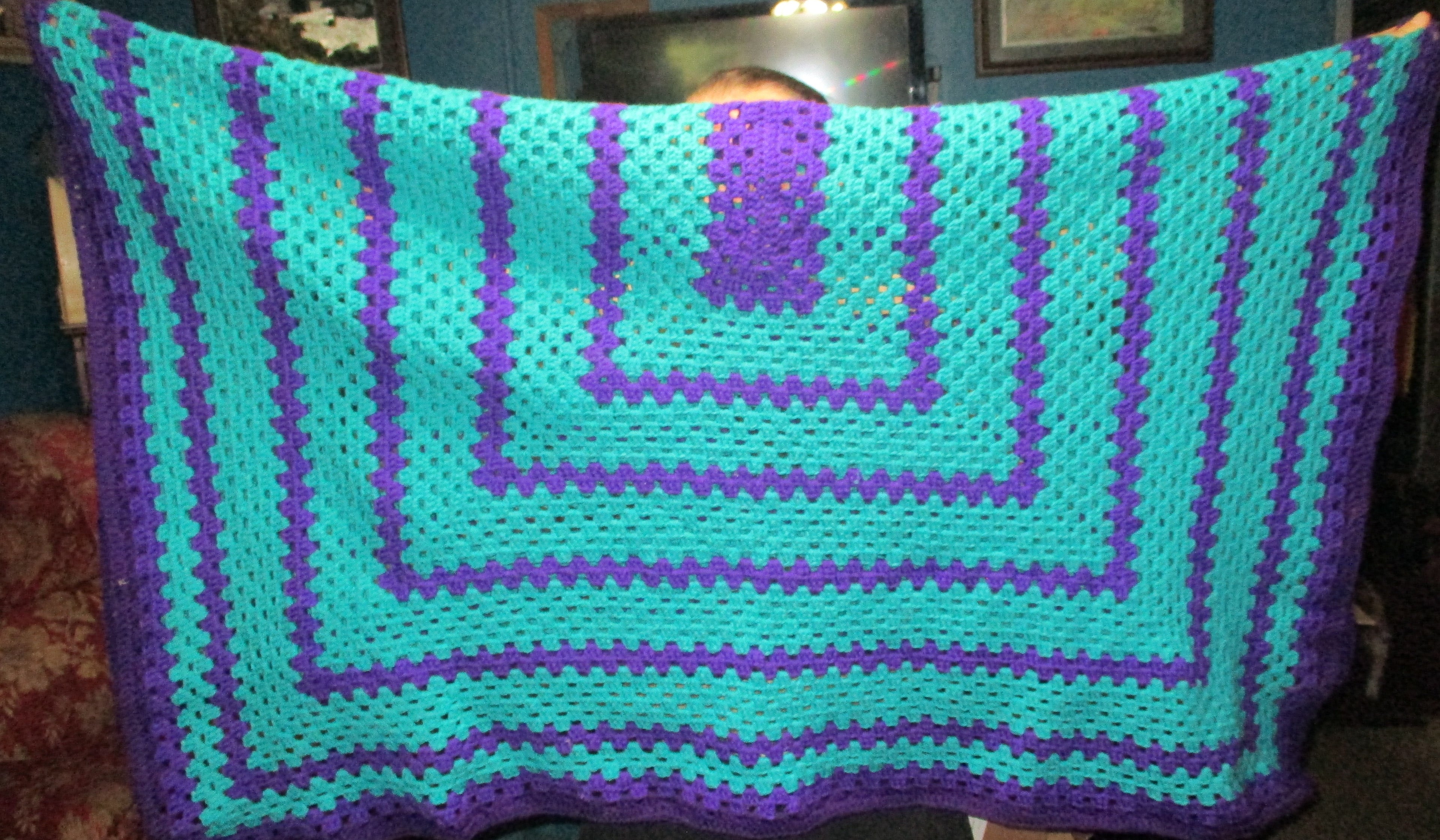 Hand Crocheted One-of-a-kind Blanket Afghan teal purple 56x72