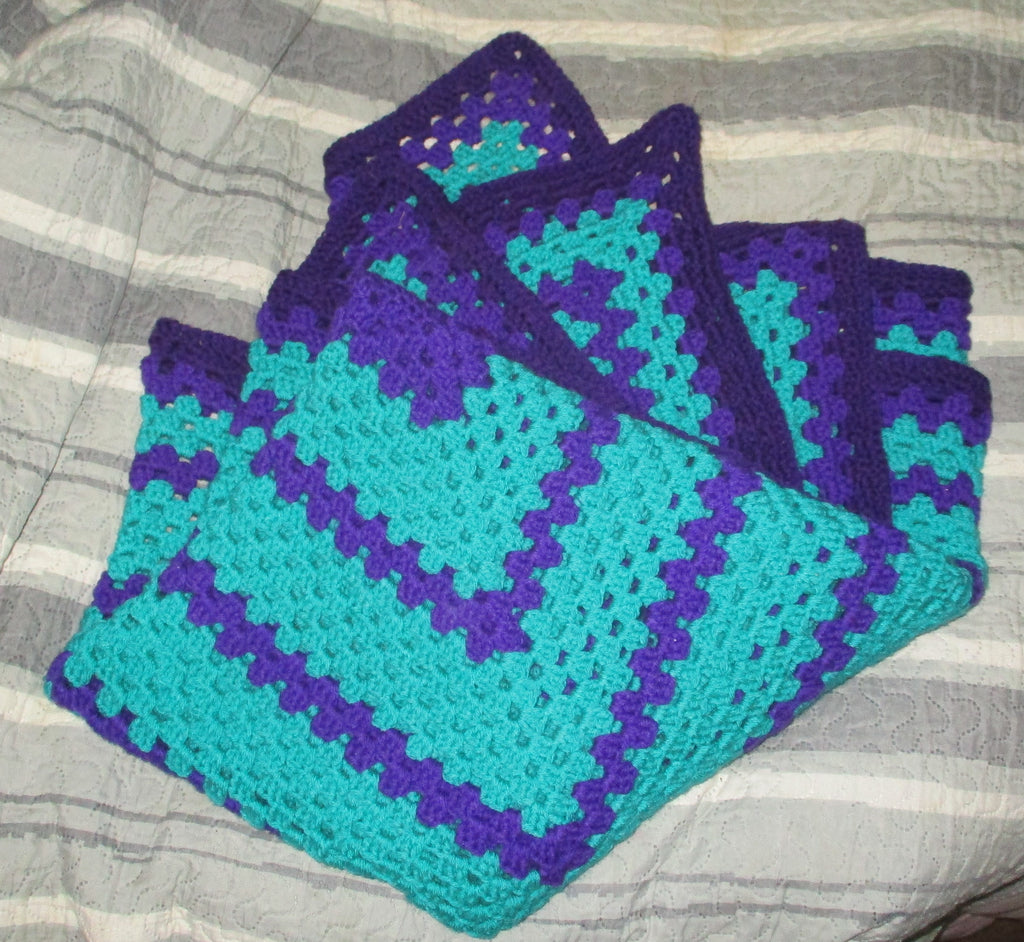 Hand Crocheted One-of-a-kind Blanket Afghan teal purple 56x72