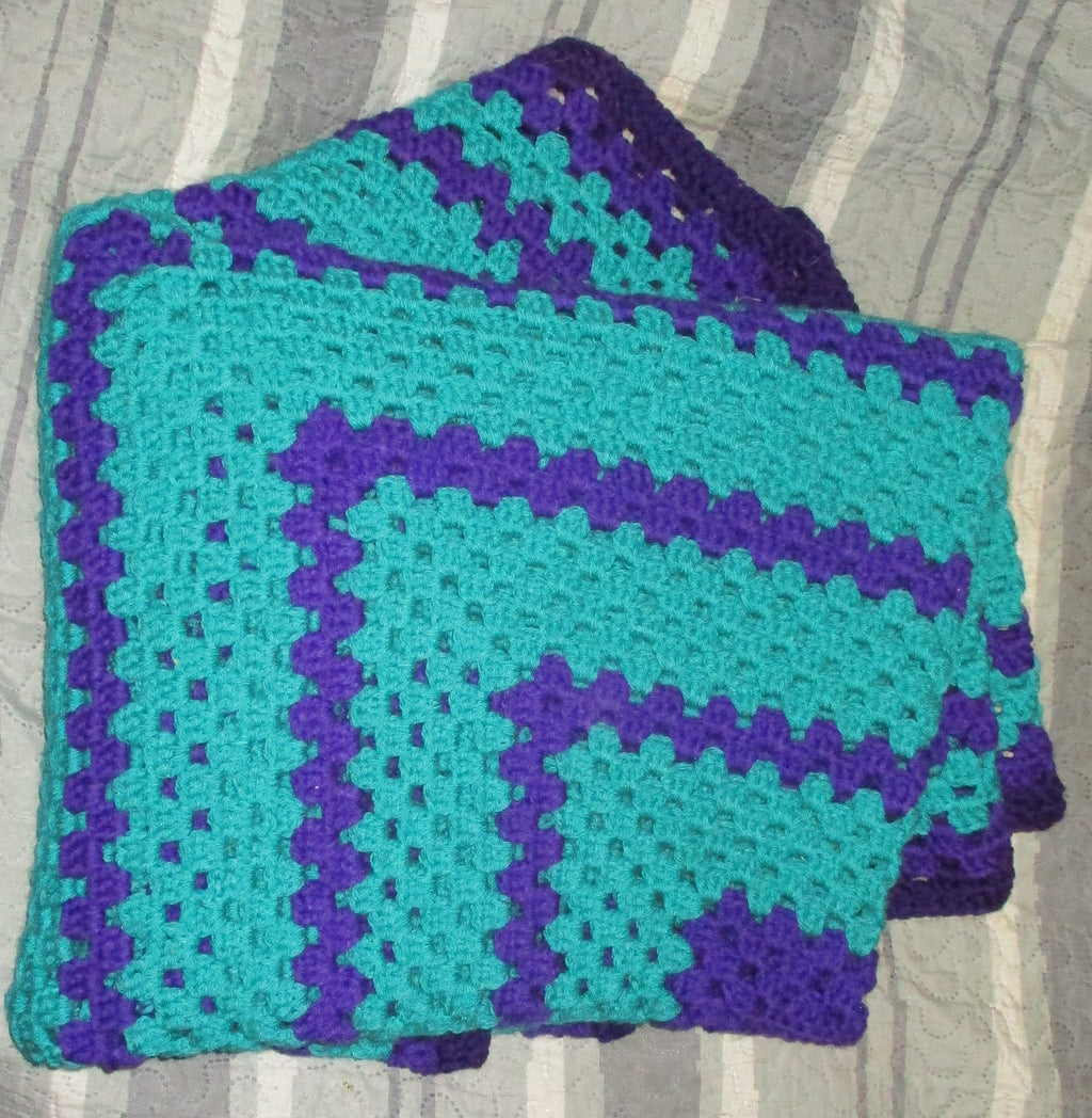 Hand Crocheted One-of-a-kind Blanket Afghan teal purple 56x72