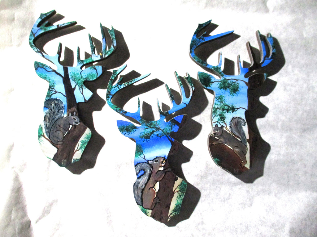 mini art magnet Deer Head Shaped 3 different squirrel in tree
