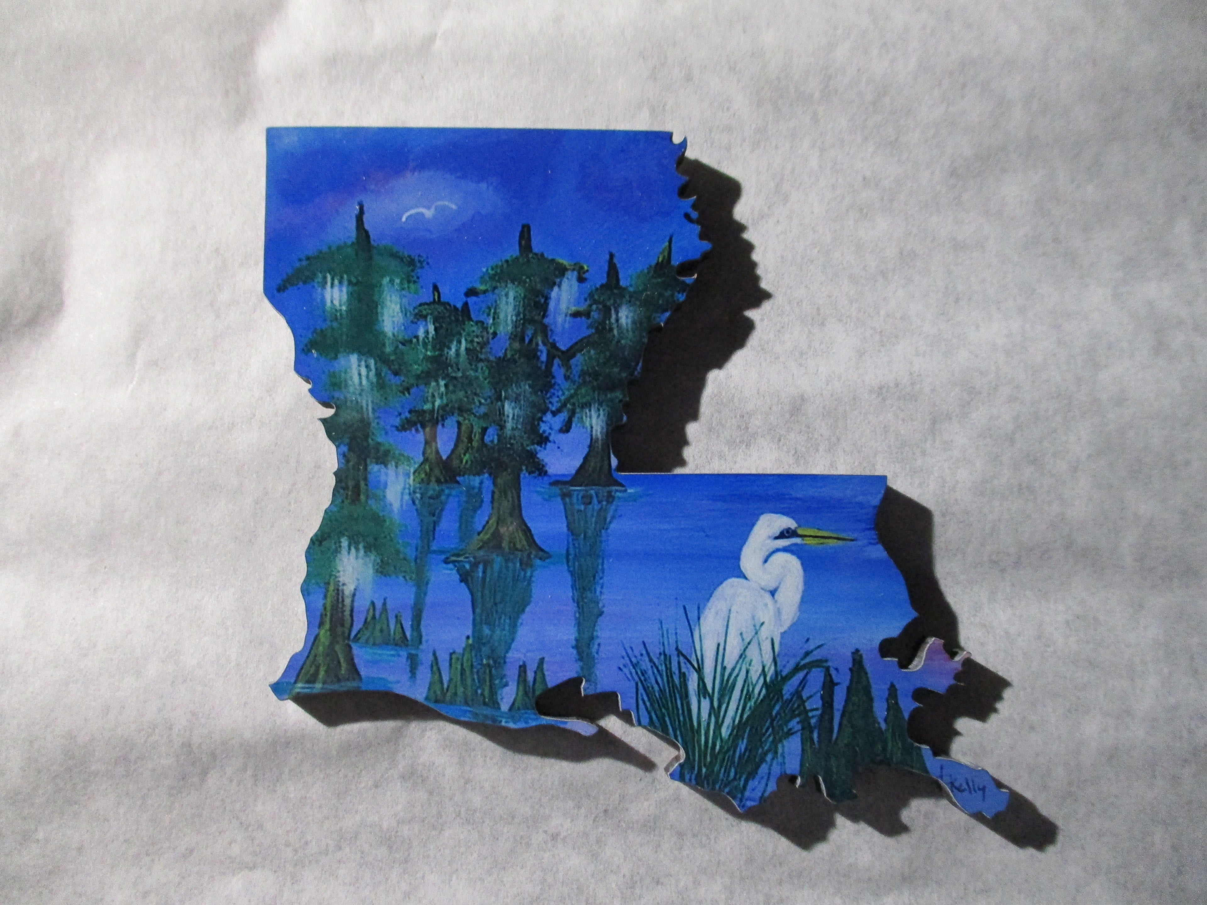 Louisiana boot mini art magnet egret bayou marsh night