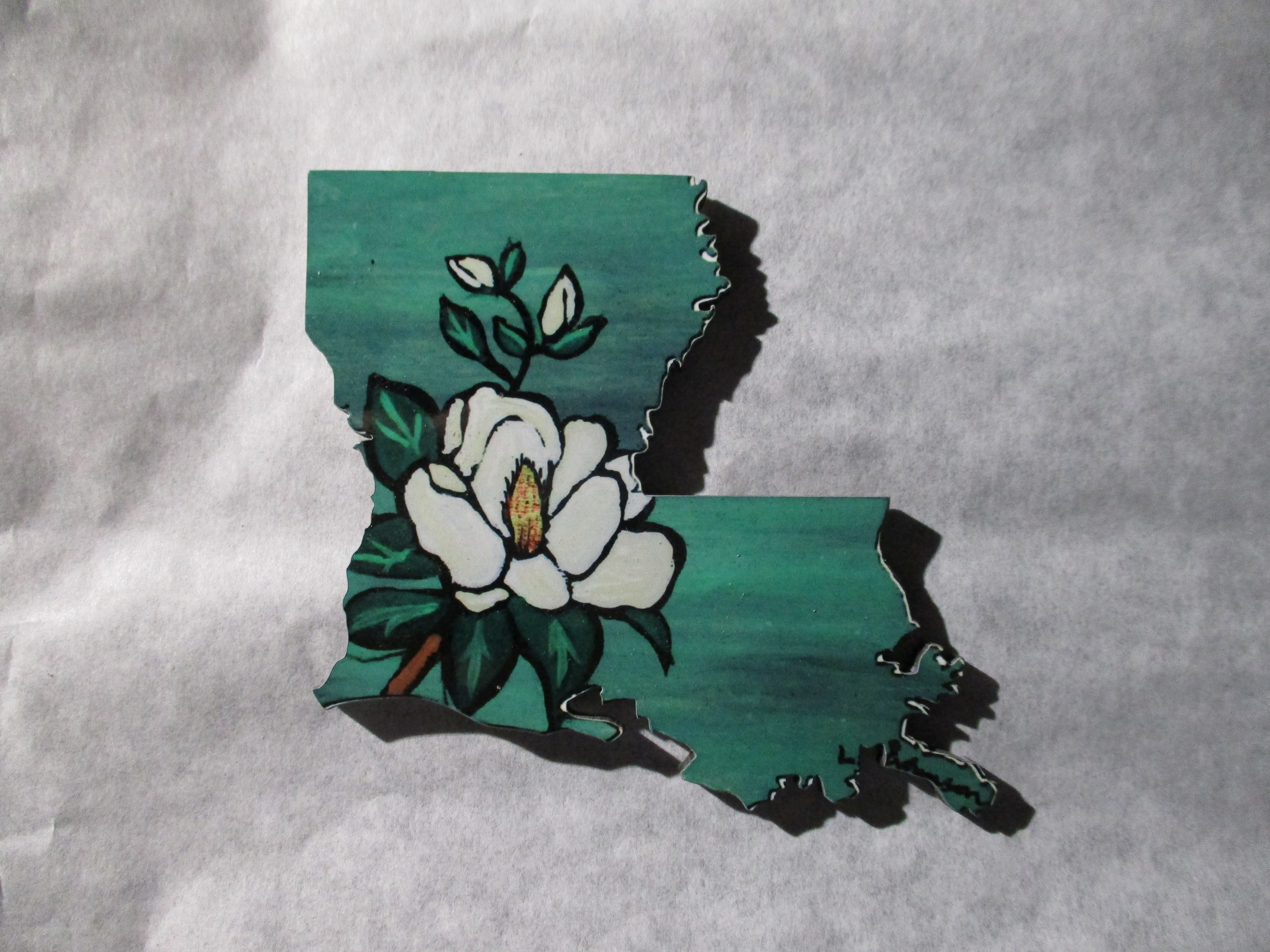 Louisiana boot mini art magnet magnolia flower on green