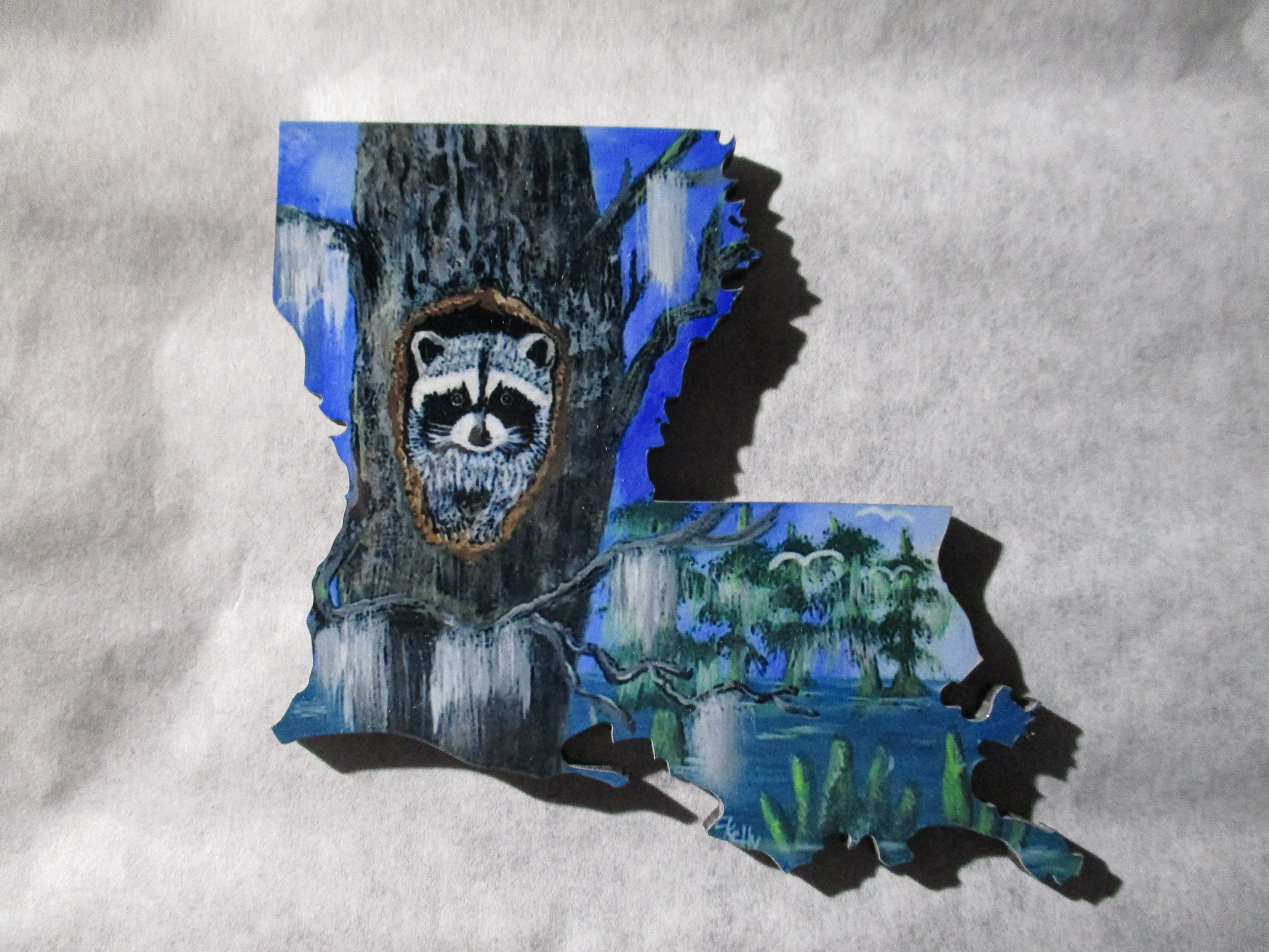 Louisiana boot mini art magnet coon in tree in swamp