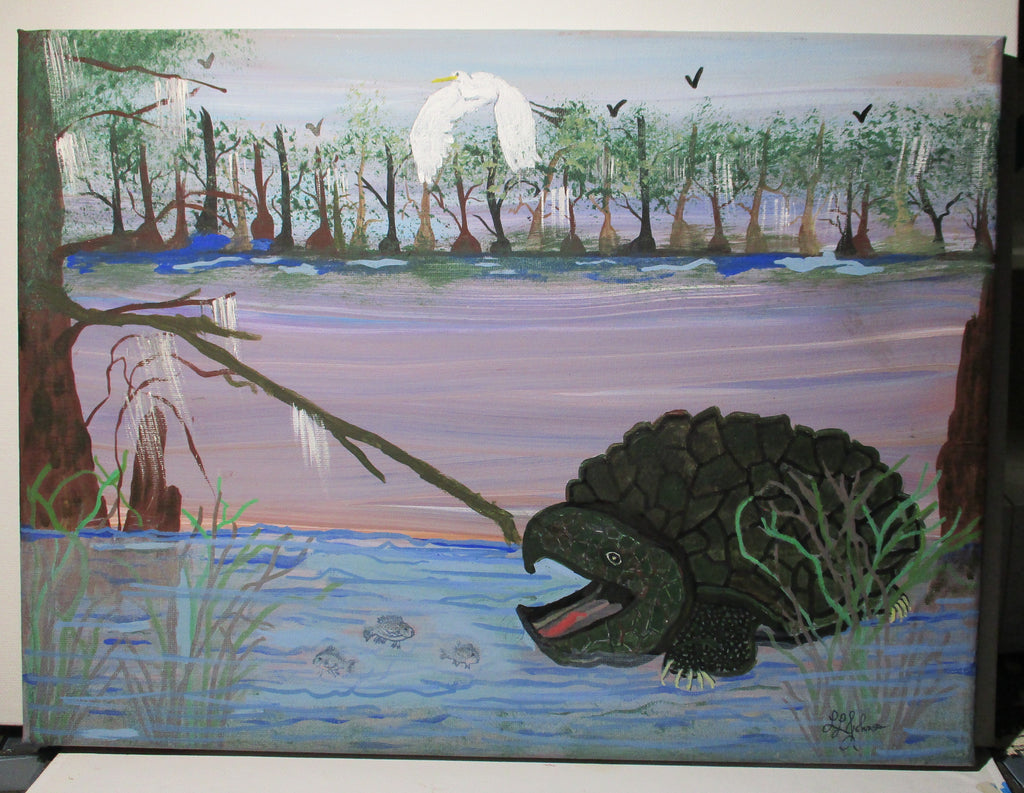 Loggerhead Swamp Turtle Art Painting Original Patiently Hiding