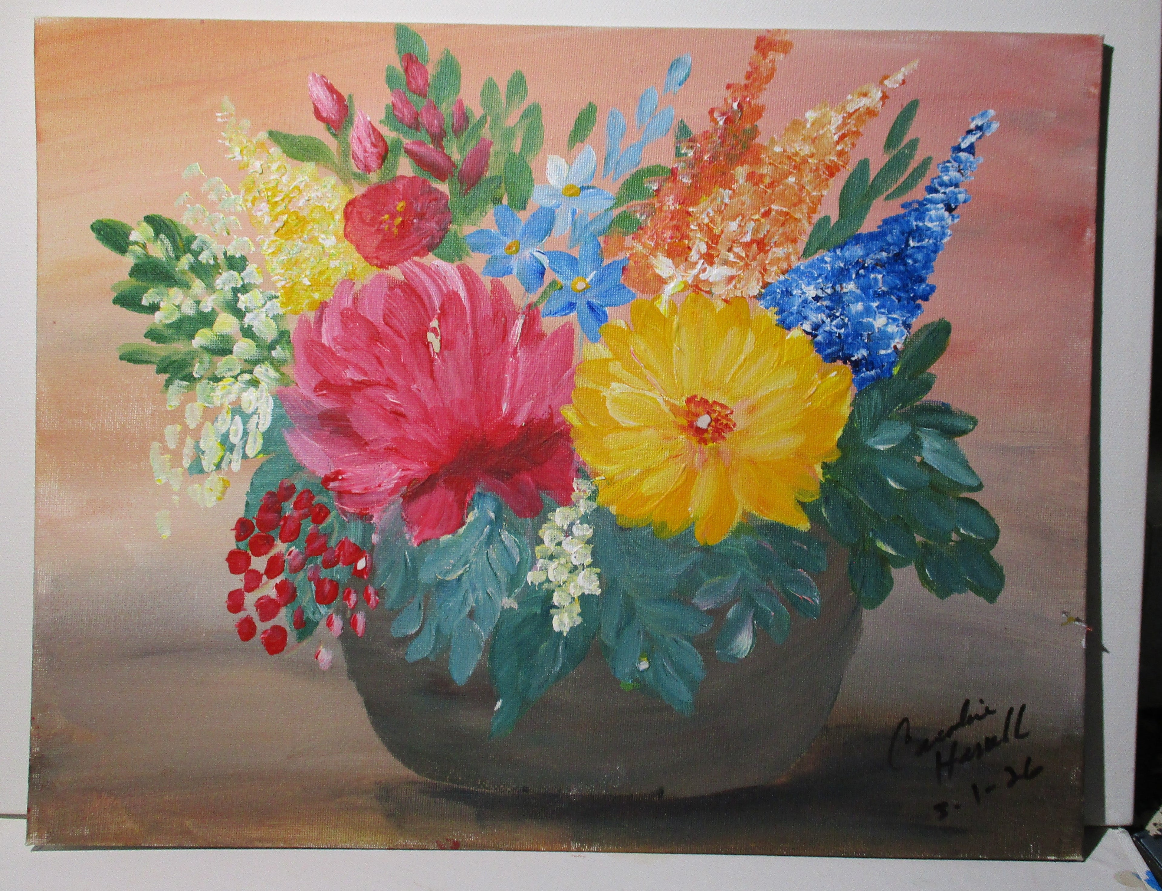 Bowl of flowers art canvas panel unframed