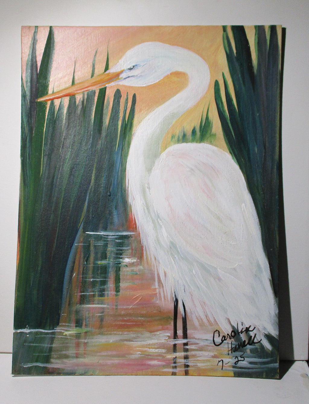 Stern white egret bird art canvas panel unframed