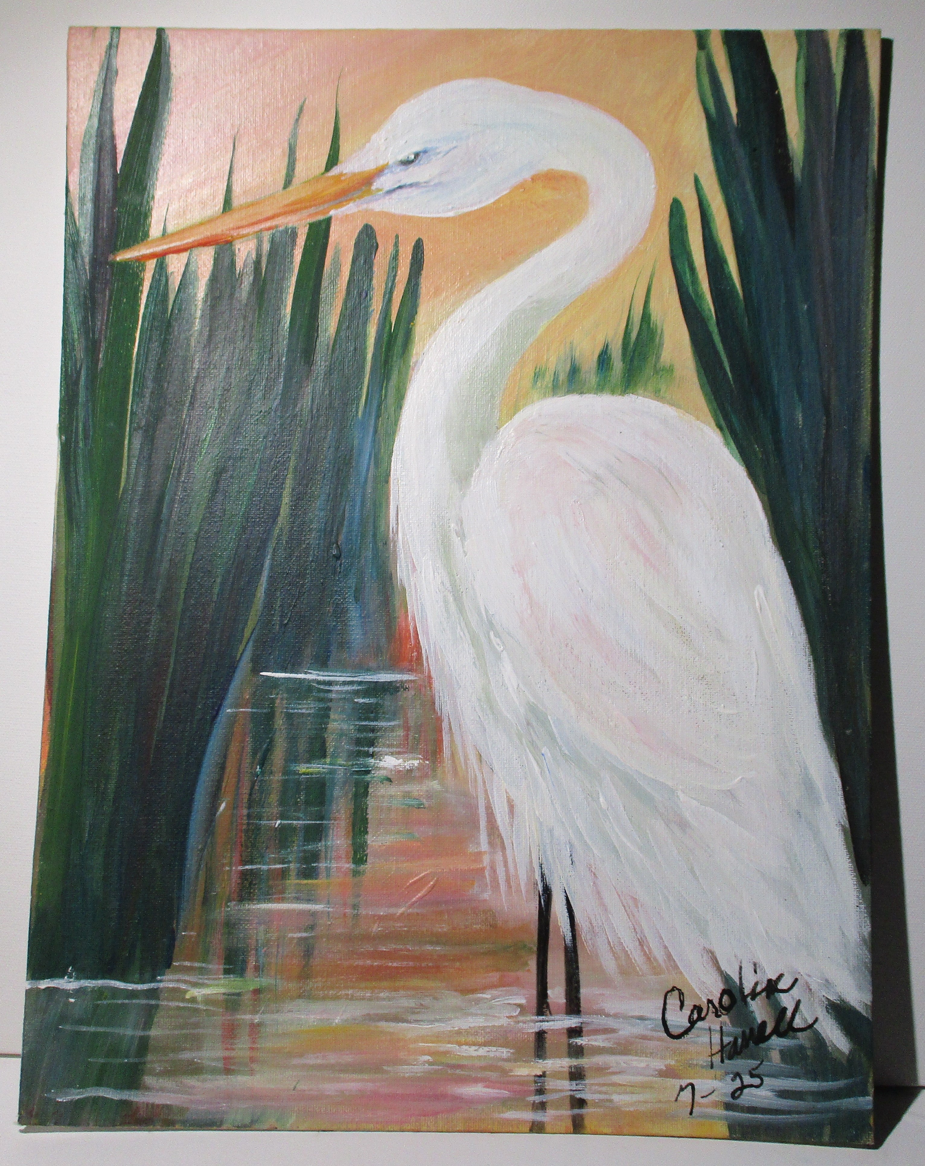 Stern white egret bird art canvas panel unframed