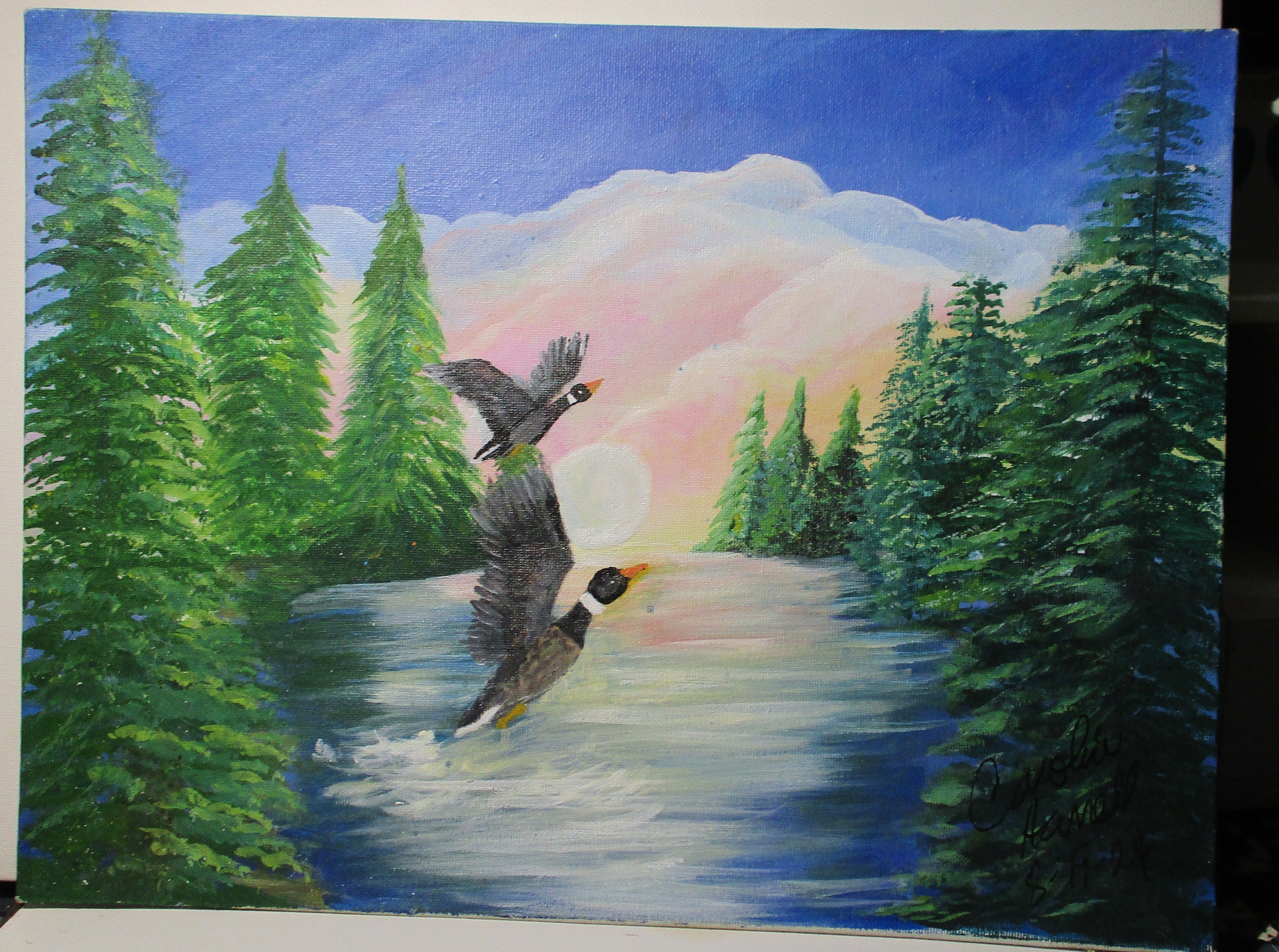 Flock of ducks at the lake original art canvas panel unframed