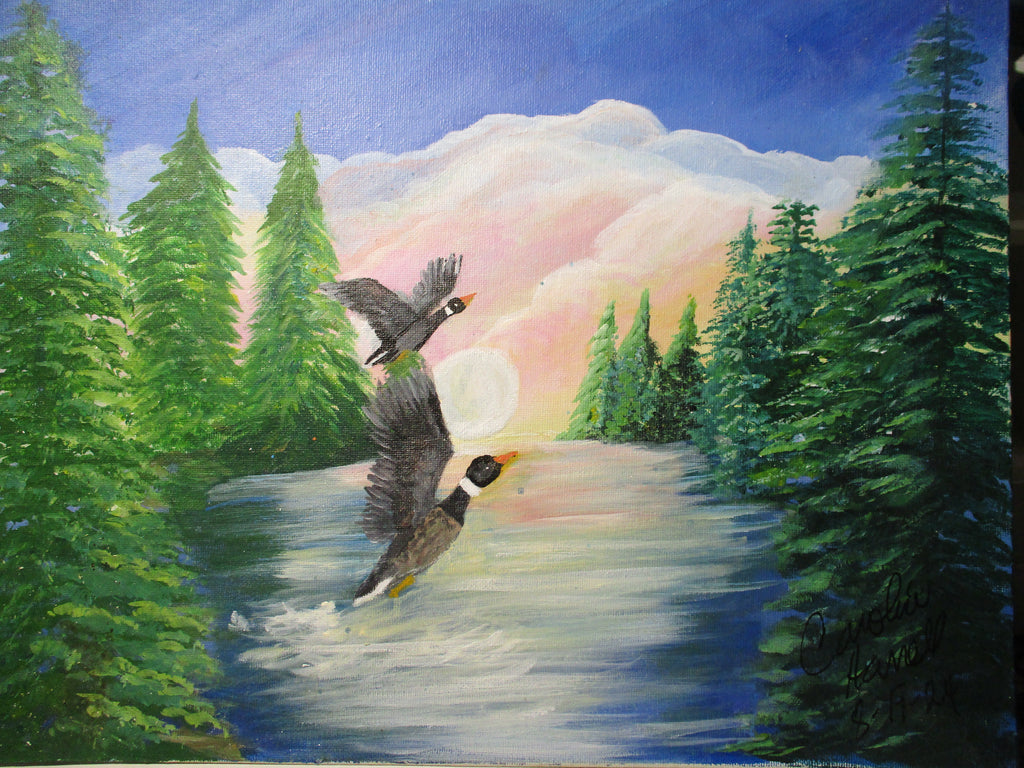 Flock of ducks at the lake original art canvas panel unframed