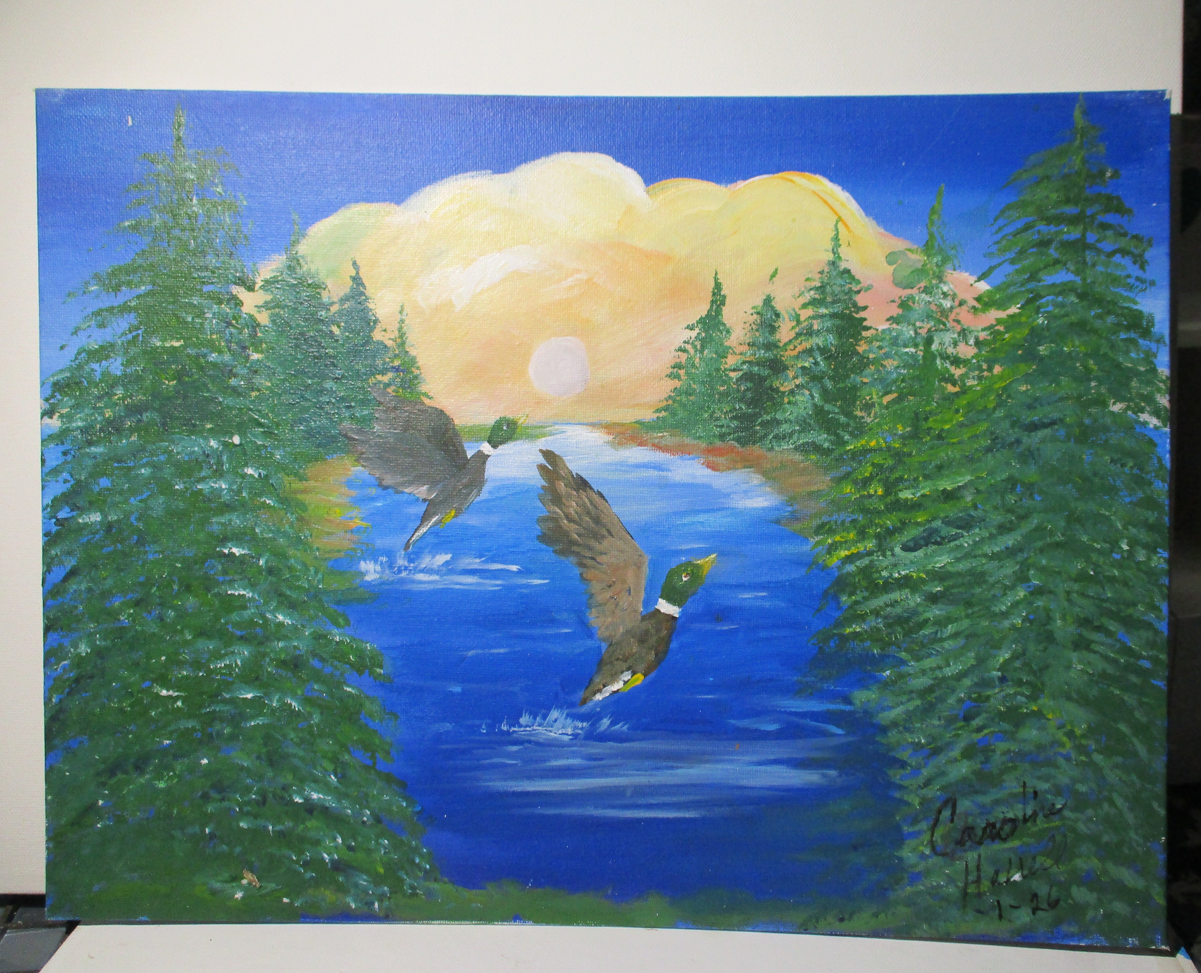 Flock of ducks at the lake original art canvas panel unframed