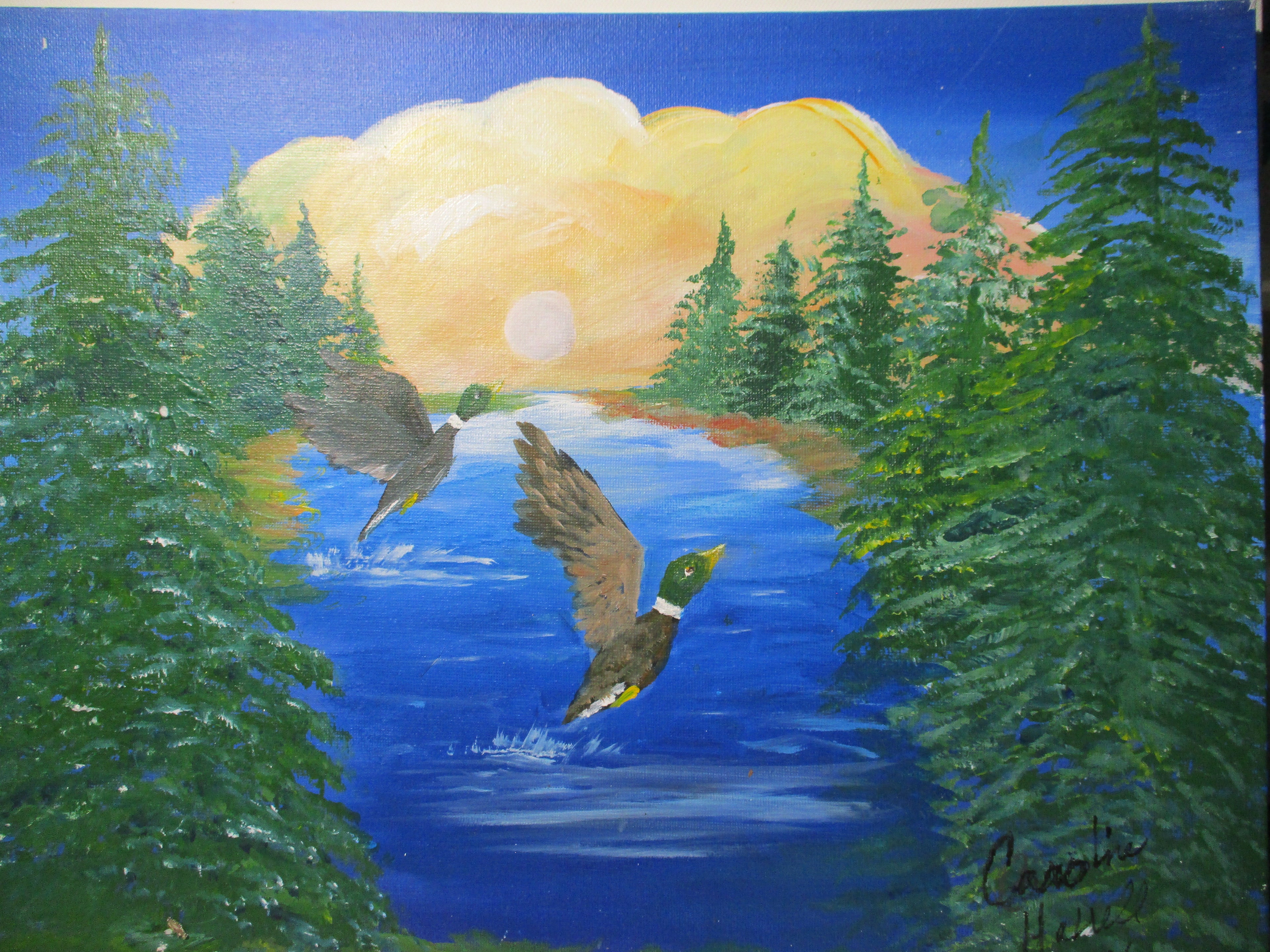 Flock of ducks at the lake original art canvas panel unframed