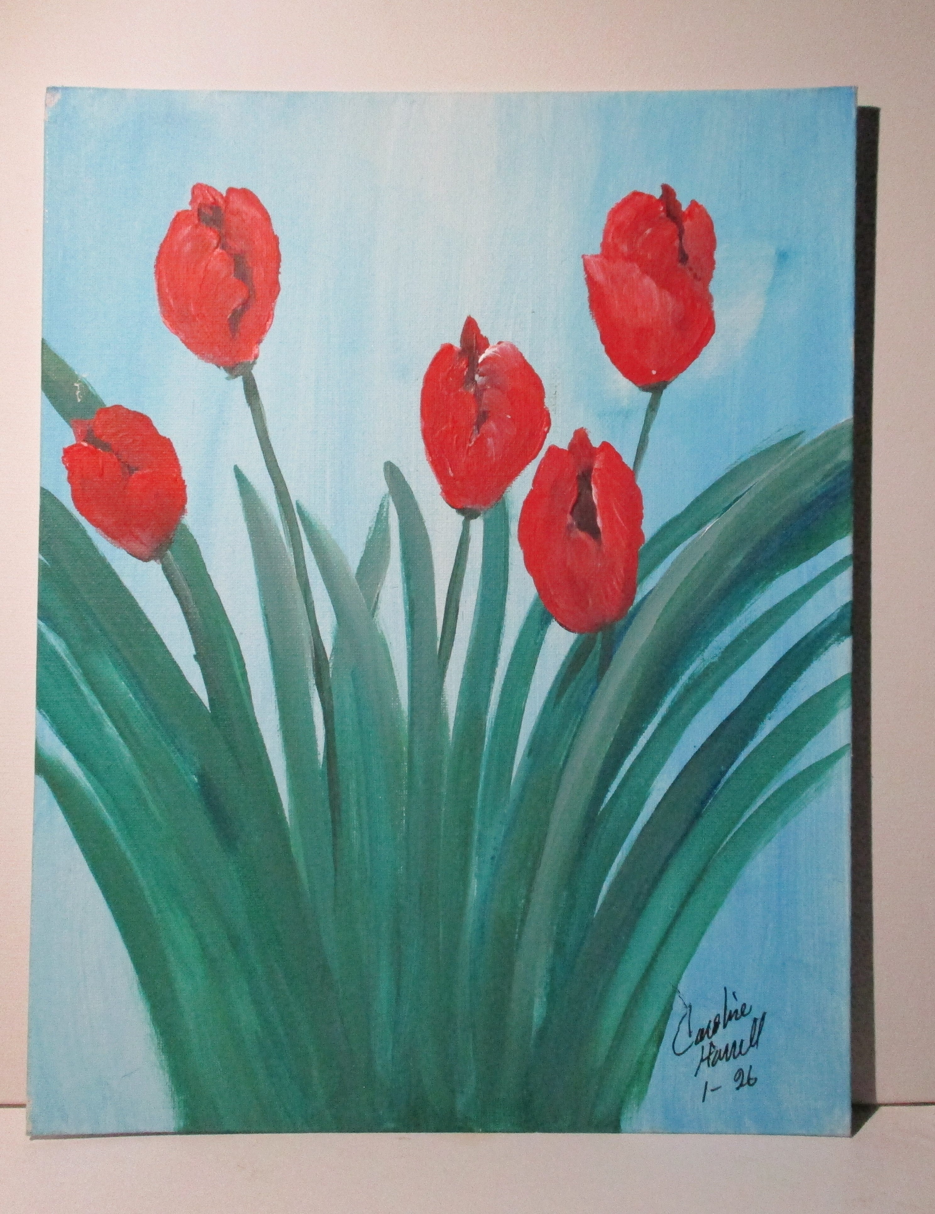 Red rippled tulips original art canvas panel unframed