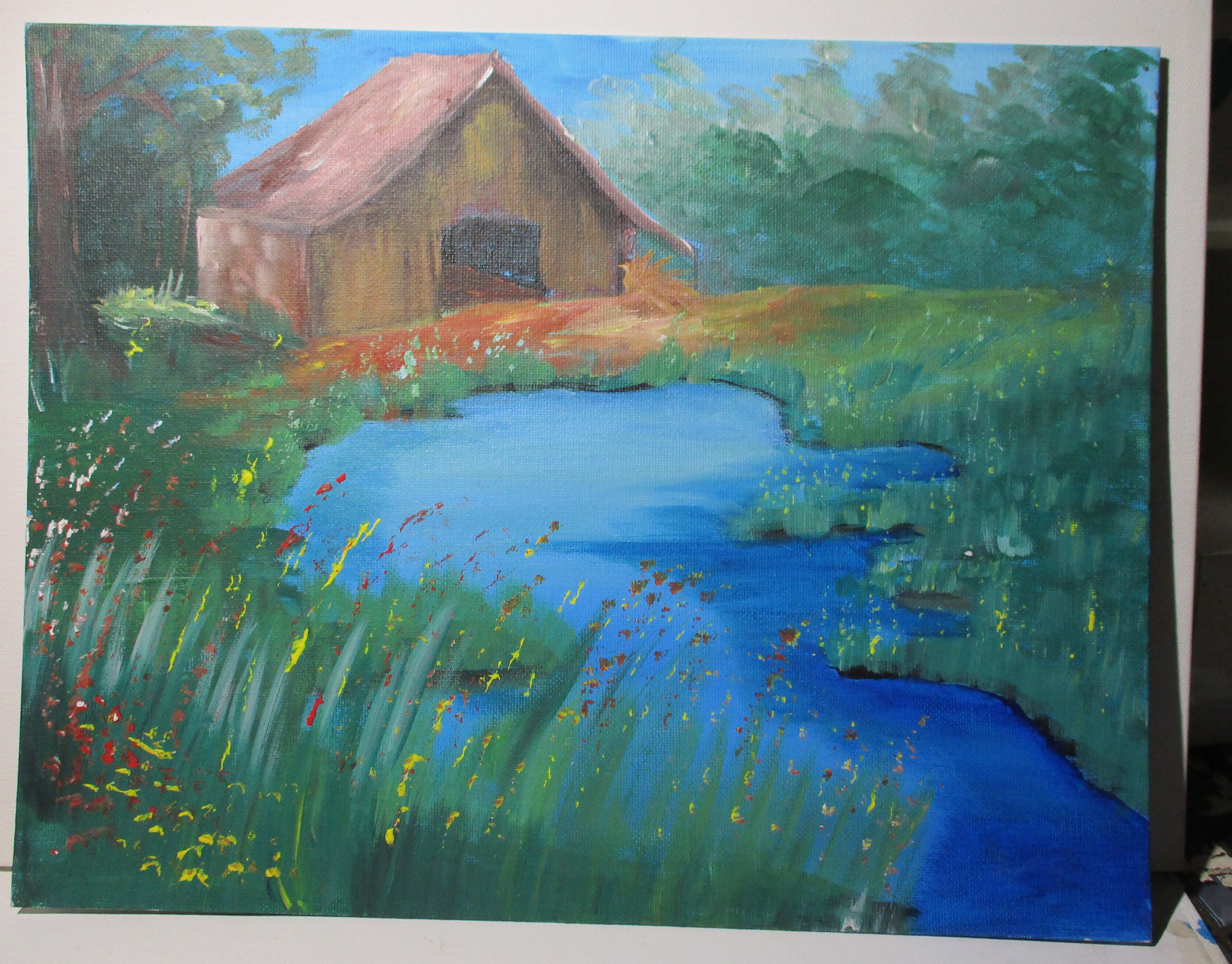 Old barn in field by pond 11x14 canvas panel unframed original painting
