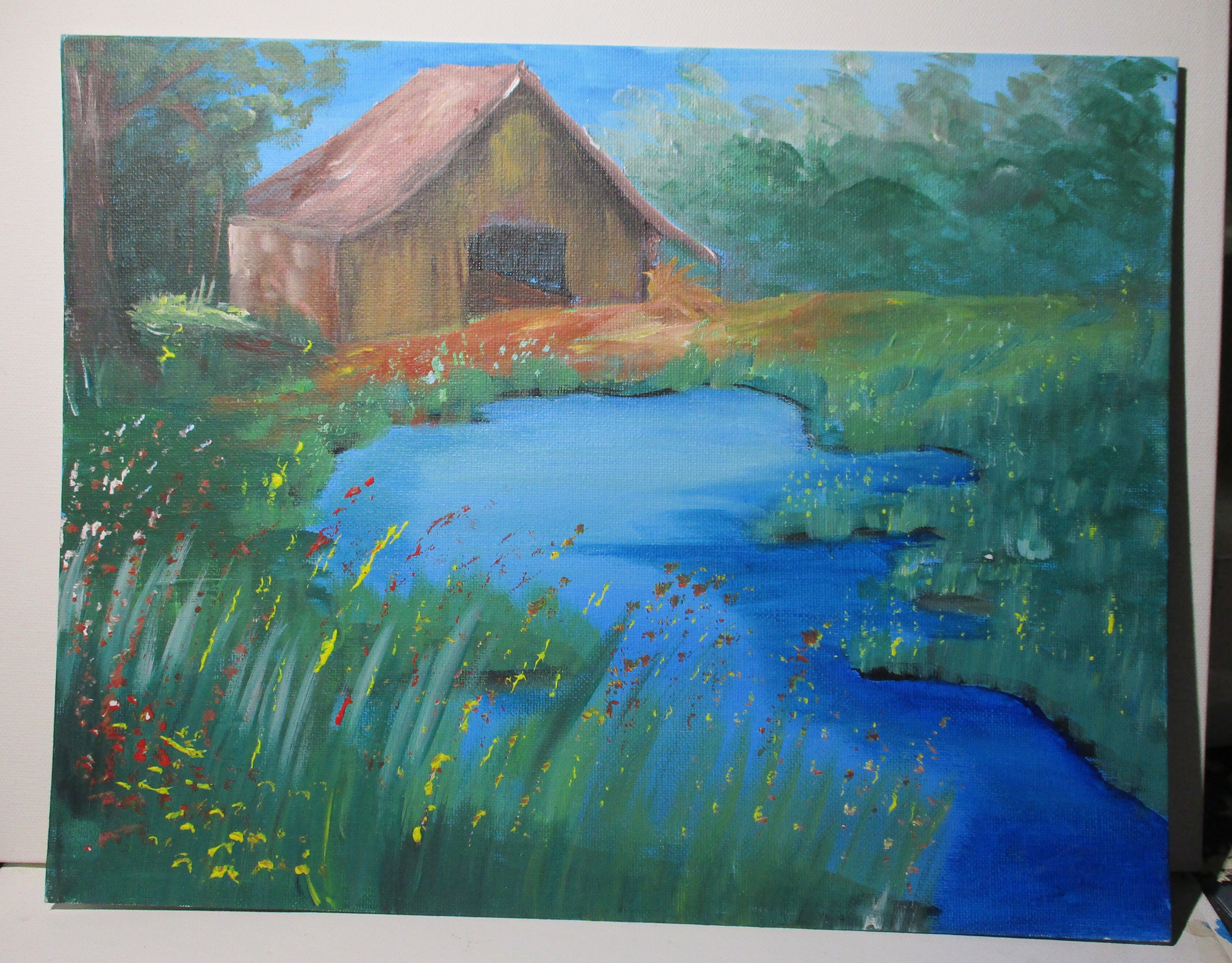 Old barn in field by pond 11x14 canvas panel unframed original painting