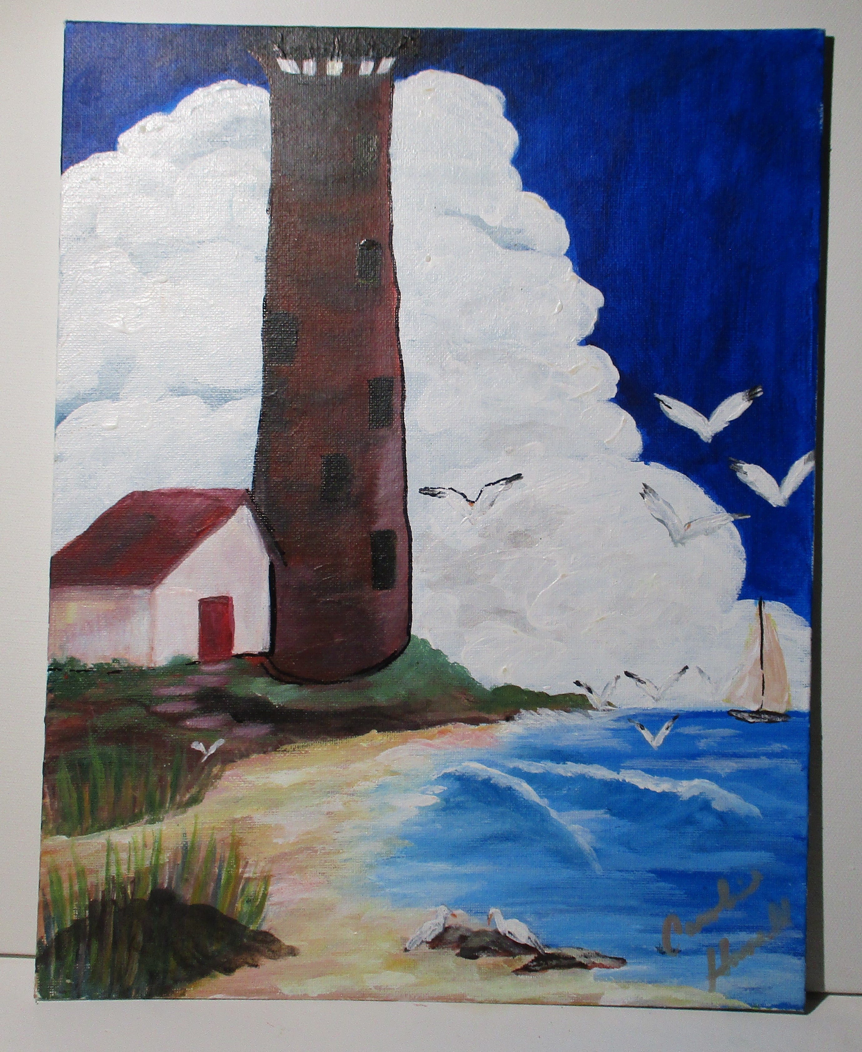 Lighthouse seashore seagulls beach 11x14 canvas panel unframed original painting