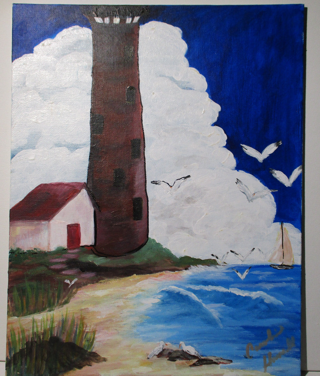 Lighthouse seashore seagulls beach 11x14 canvas panel unframed original painting
