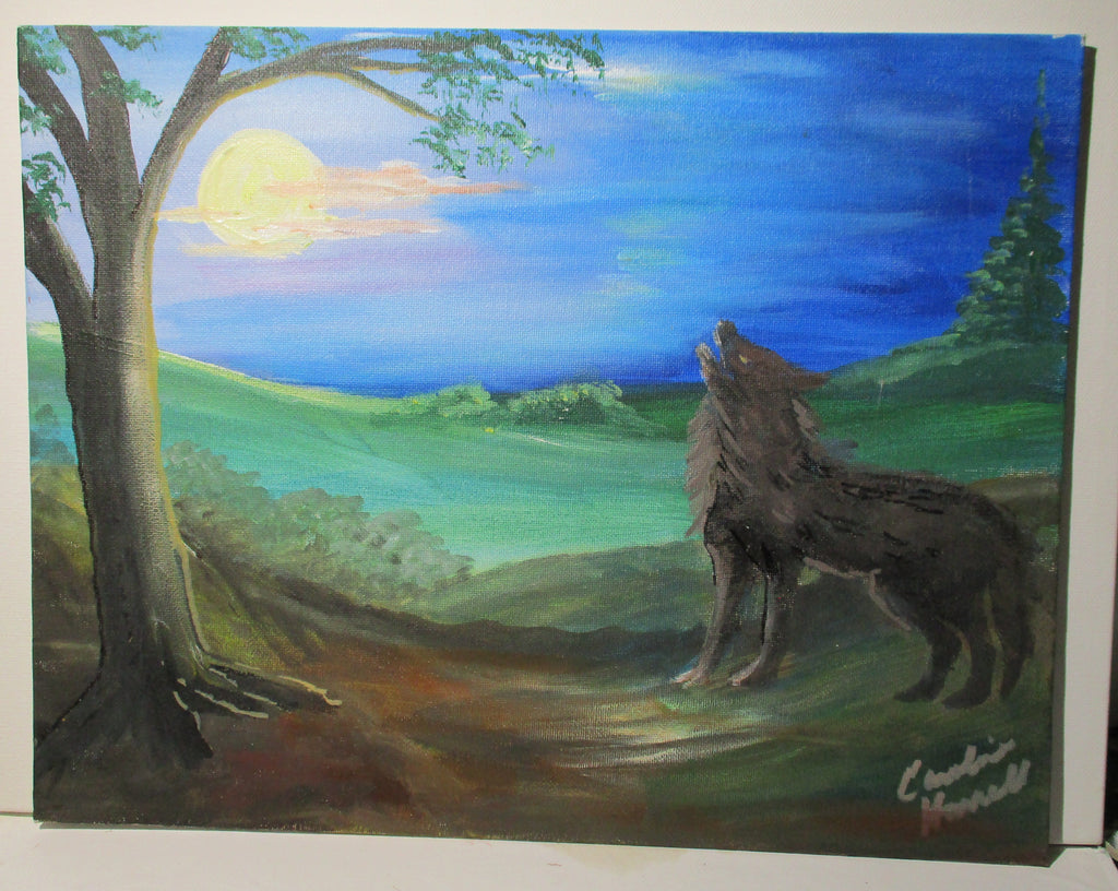 Dark Wolf wilderness moon 11x14 canvas panel unframed original painting