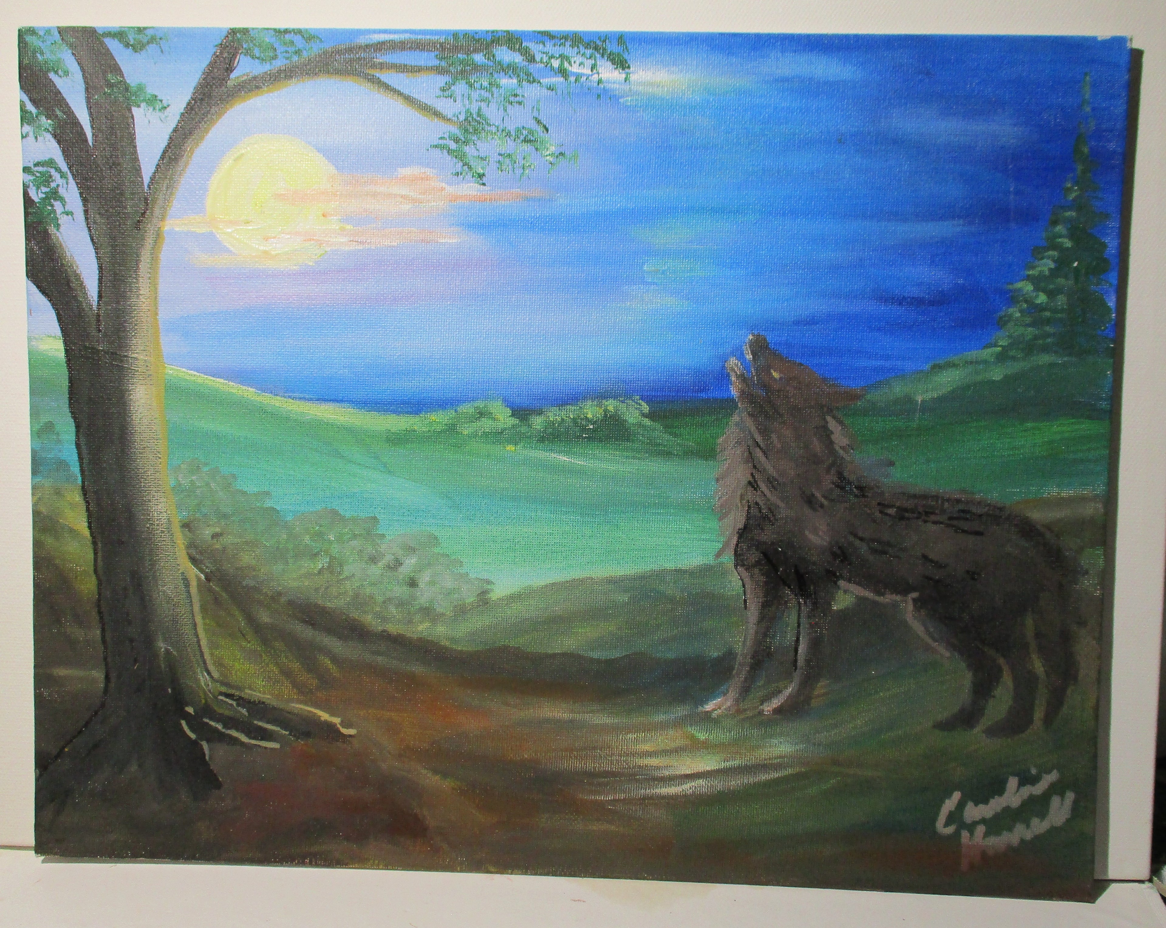 Dark Wolf wilderness moon 11x14 canvas panel unframed original painting