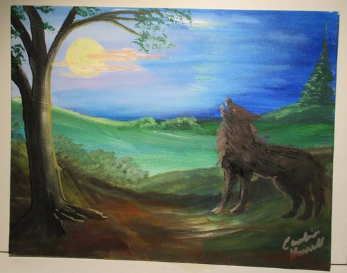 Dark Wolf wilderness moon 11x14 canvas panel unframed original painting