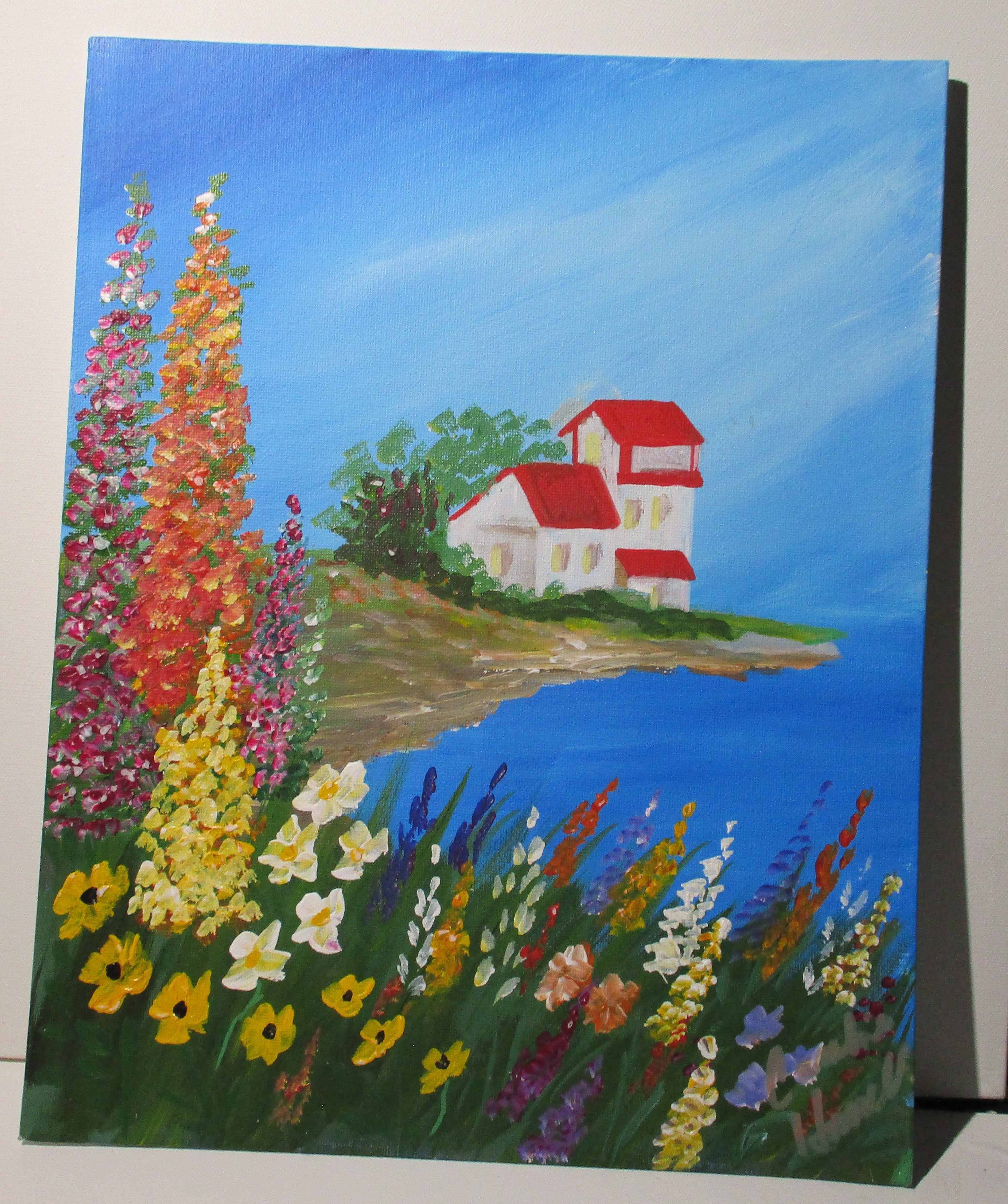 Country cottage on island with wildflowers art painting 11x14 unframed