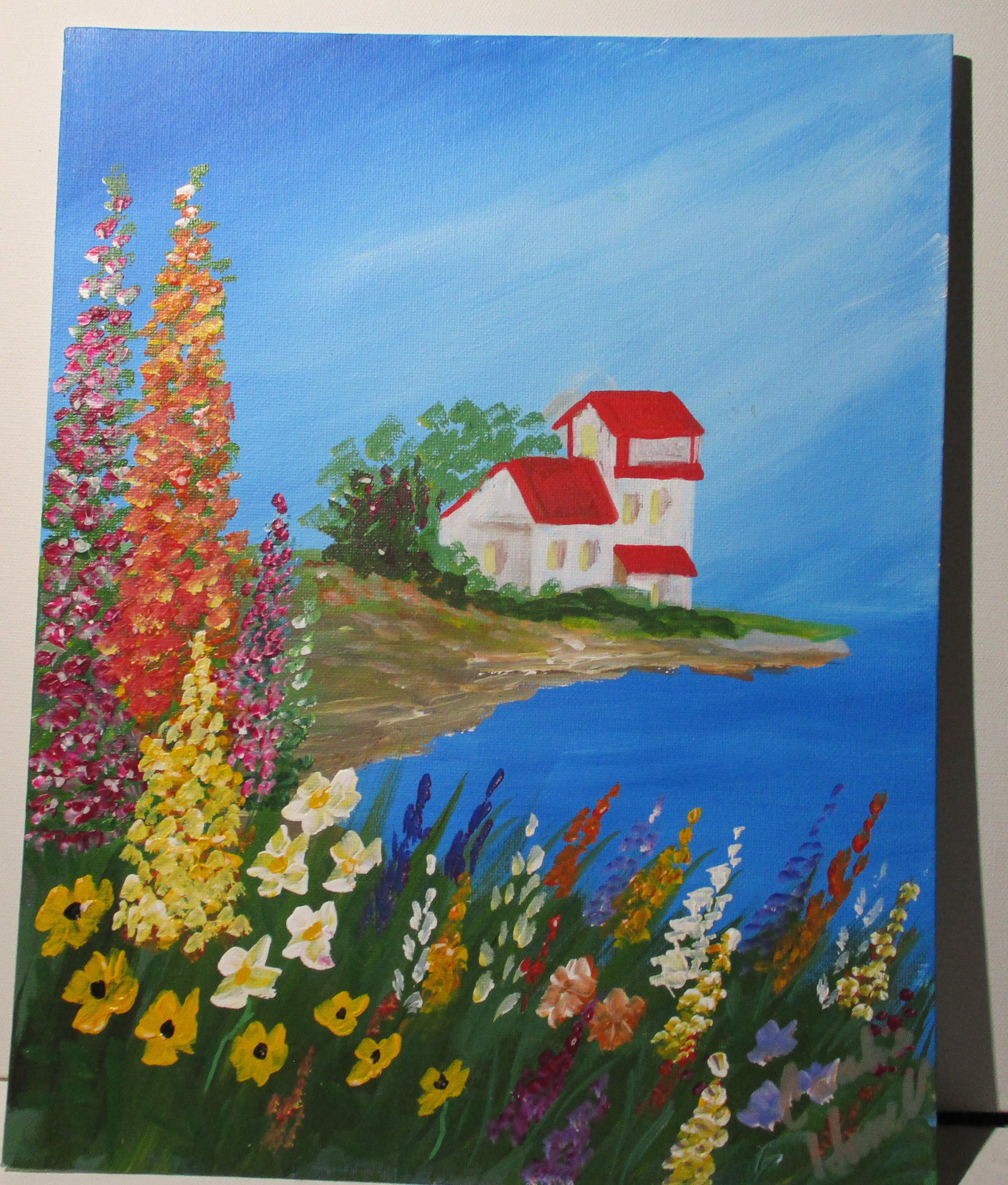 Country cottage on island with wildflowers art painting 11x14 unframed