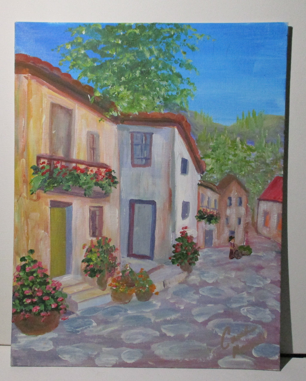 Village of villa homes with cobblestone roads art painting 11x14 unframed