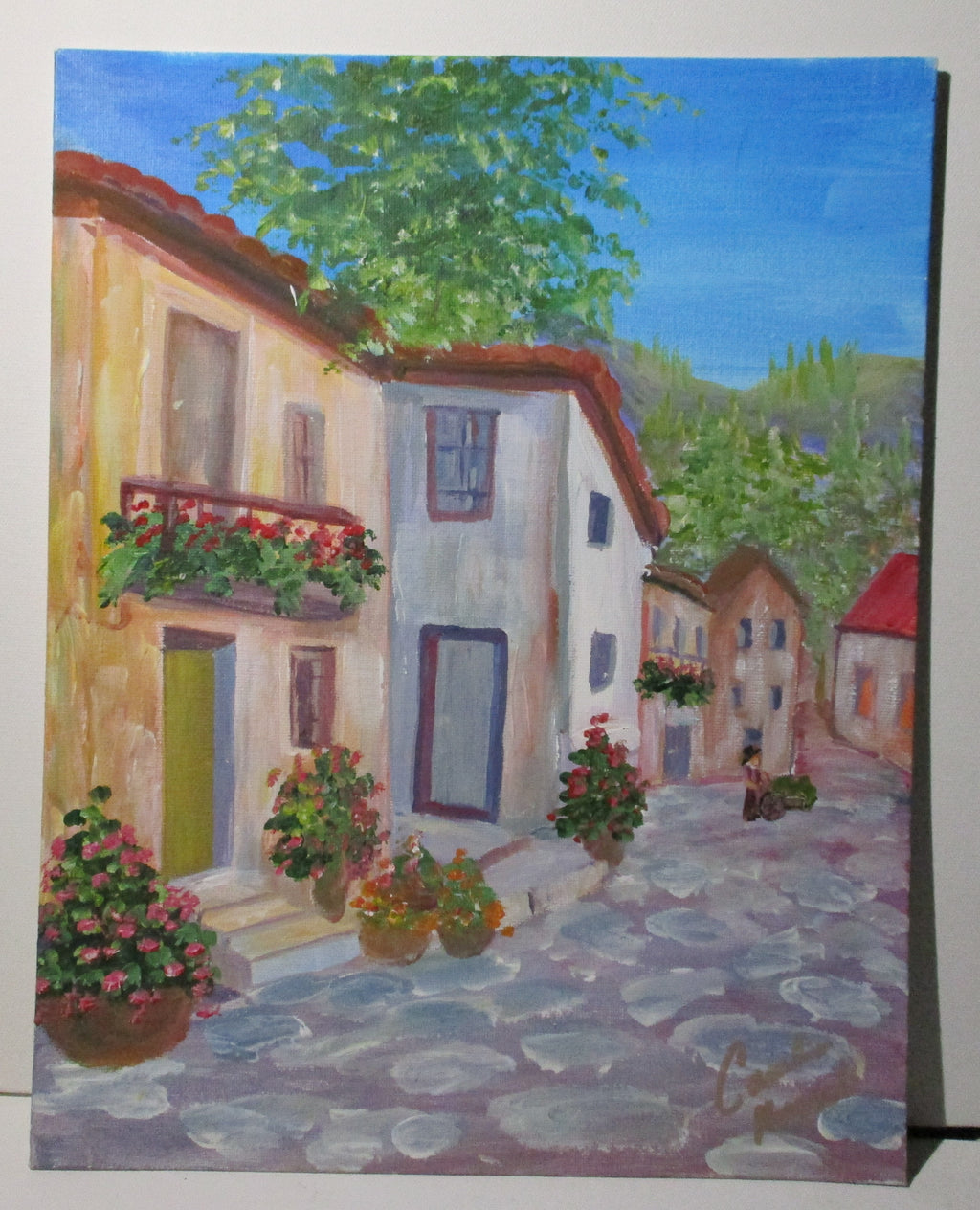 Village of villa homes with cobblestone roads art painting 11x14 unframed
