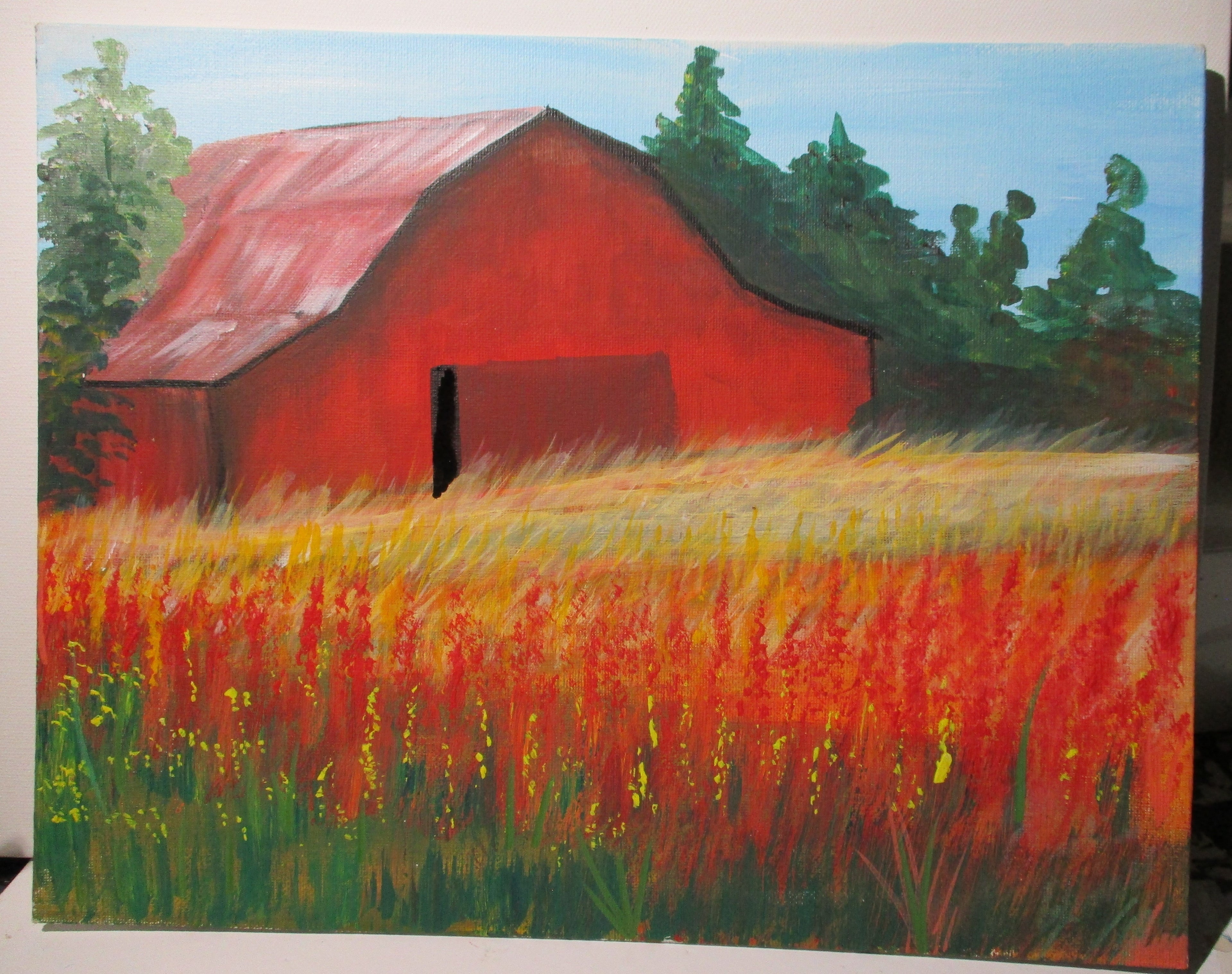 Barn in fields filled with nature's plantings 11x14