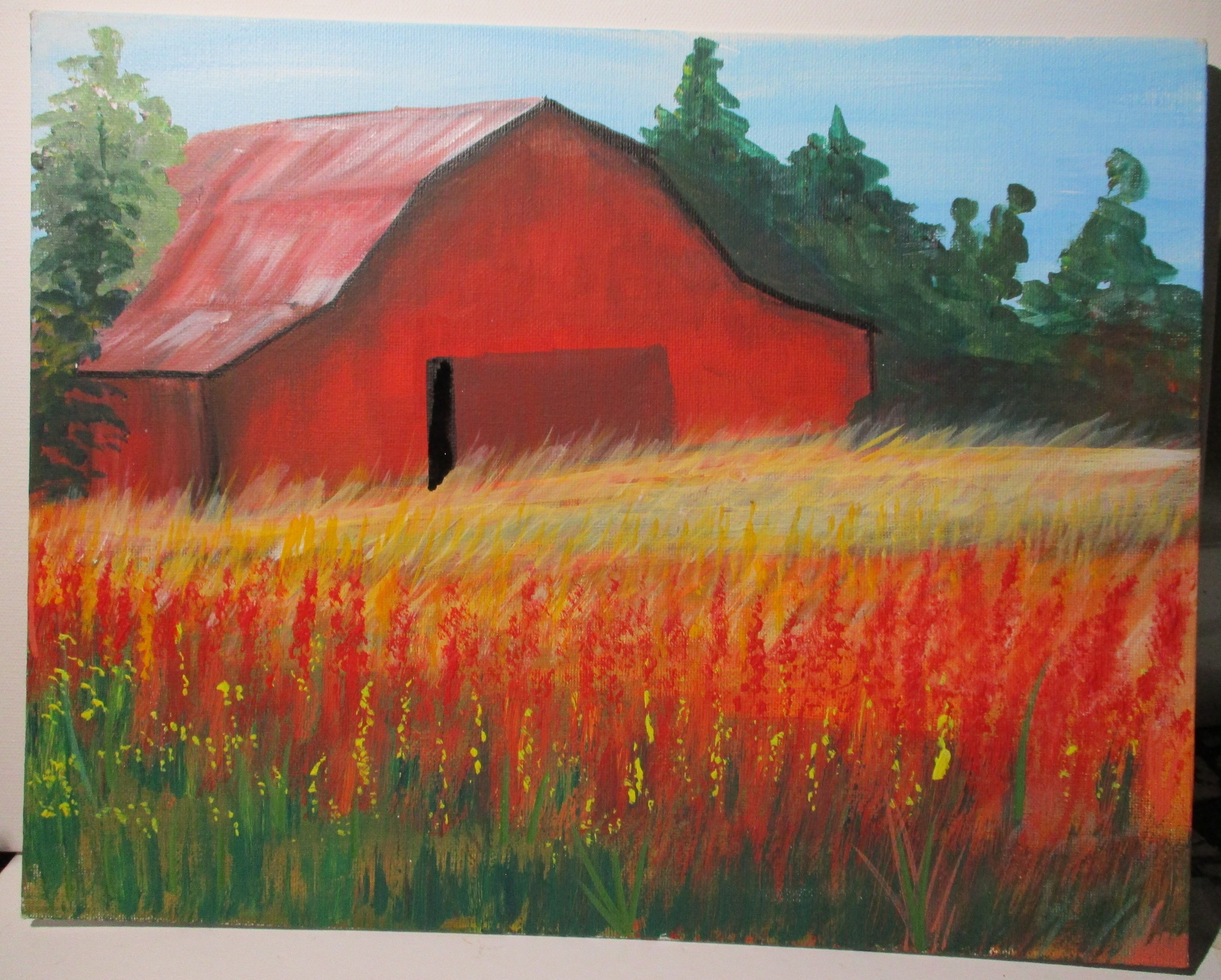 Barn in fields filled with nature's plantings 11x14