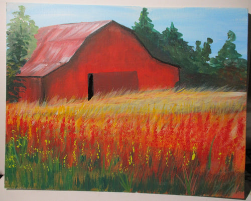 Barn in fields filled with nature's plantings 11x14