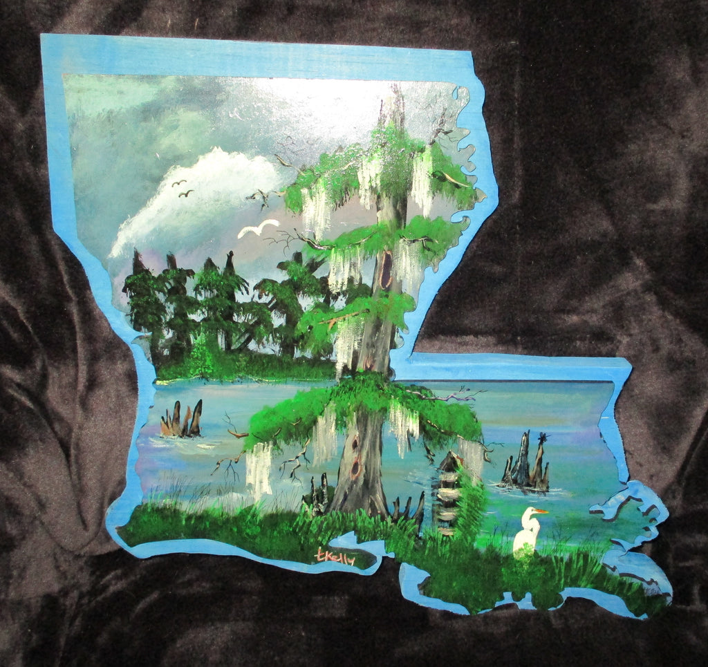 Louisiana Boot Original Art Painting Board Swamp Scene Pirogue Egret Dragonfly Cypress Knees T.K.