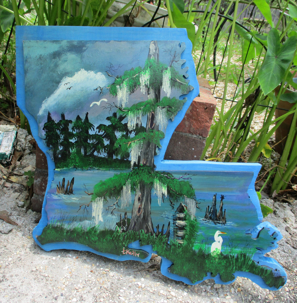 Louisiana Boot Original Art Painting Board Swamp Scene Pirogue Egret Dragonfly Cypress Knees T.K.
