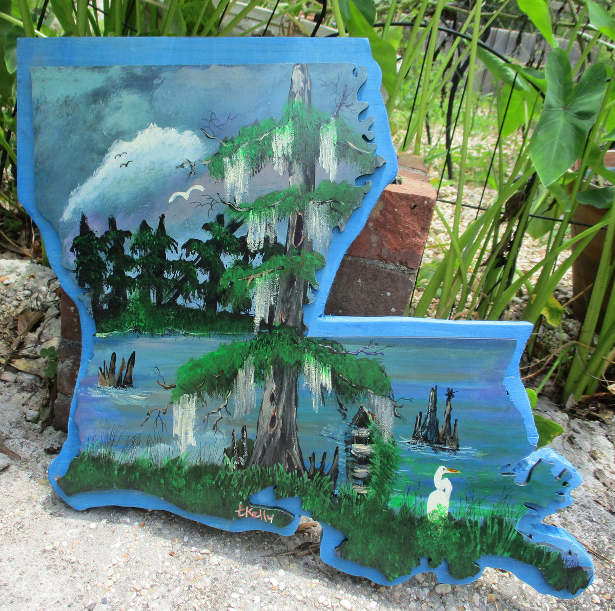 Louisiana Boot Original Art Painting Board Swamp Scene Pirogue Egret Dragonfly Cypress Knees T.K.
