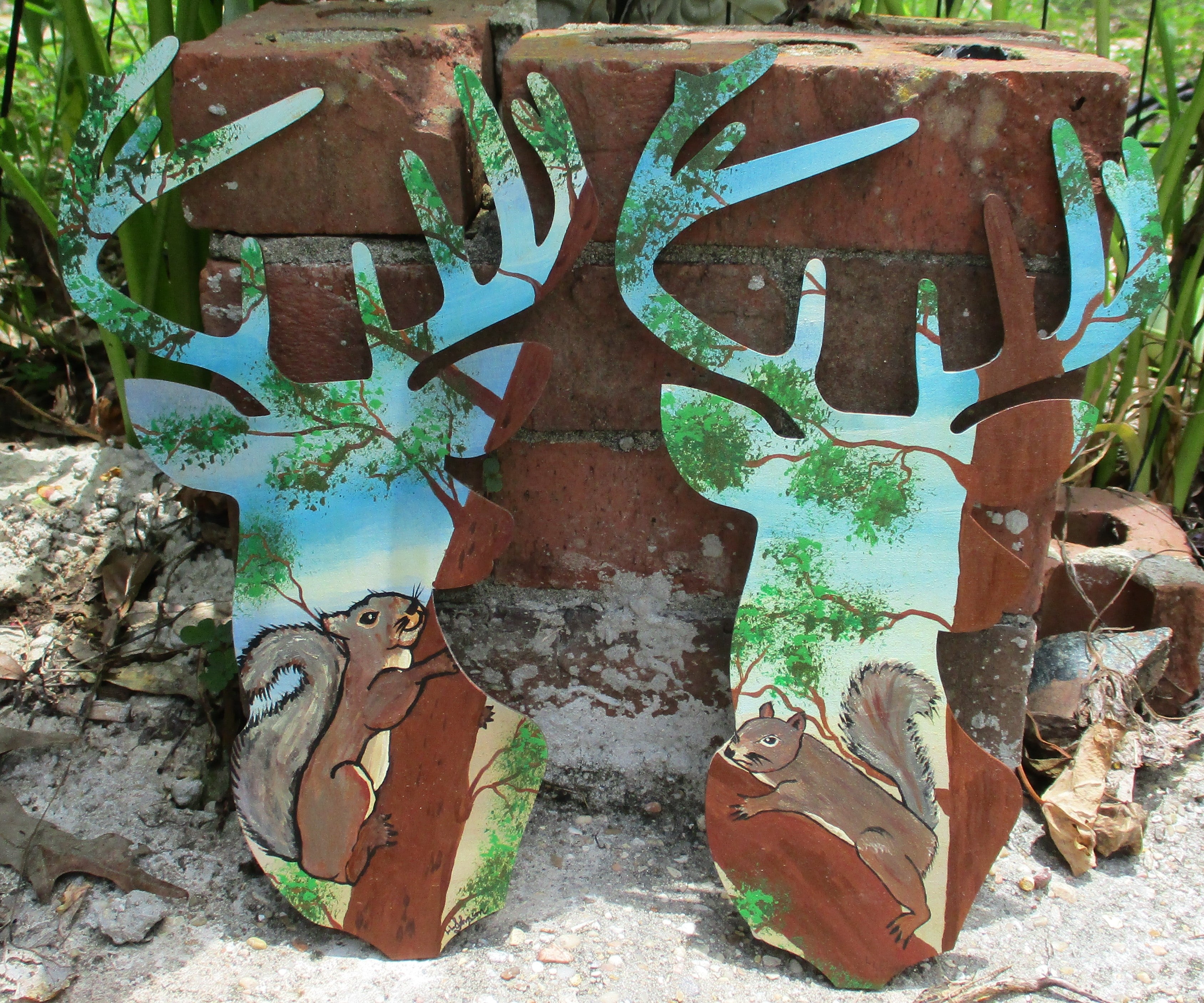 Wooden buck deer painted squirrels in tree 12 inches tall art original in acrylics 2PC