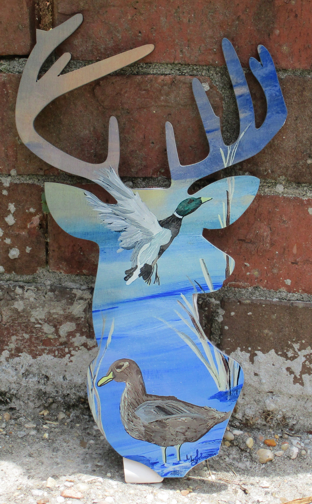 Wooden Deer Head painted male female ducks in pond art