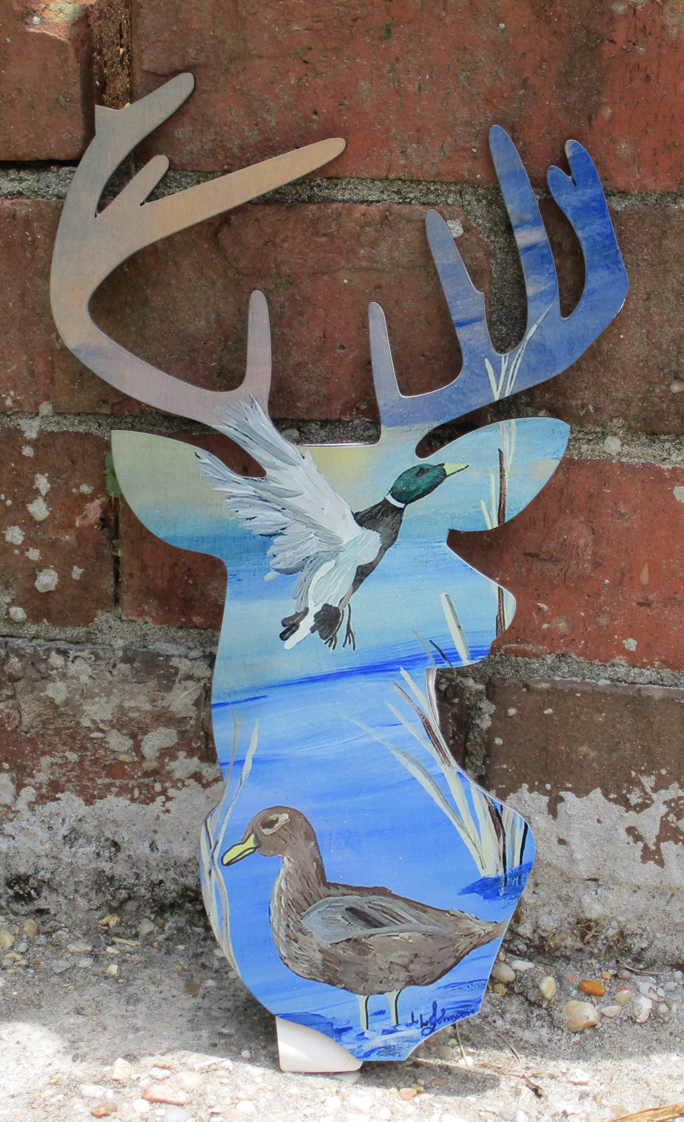 Wooden Deer Head painted male female ducks in pond art