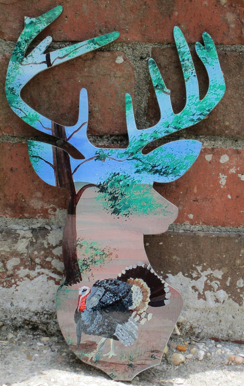 Wooden Deer Head painted turkey gobbler in woods art