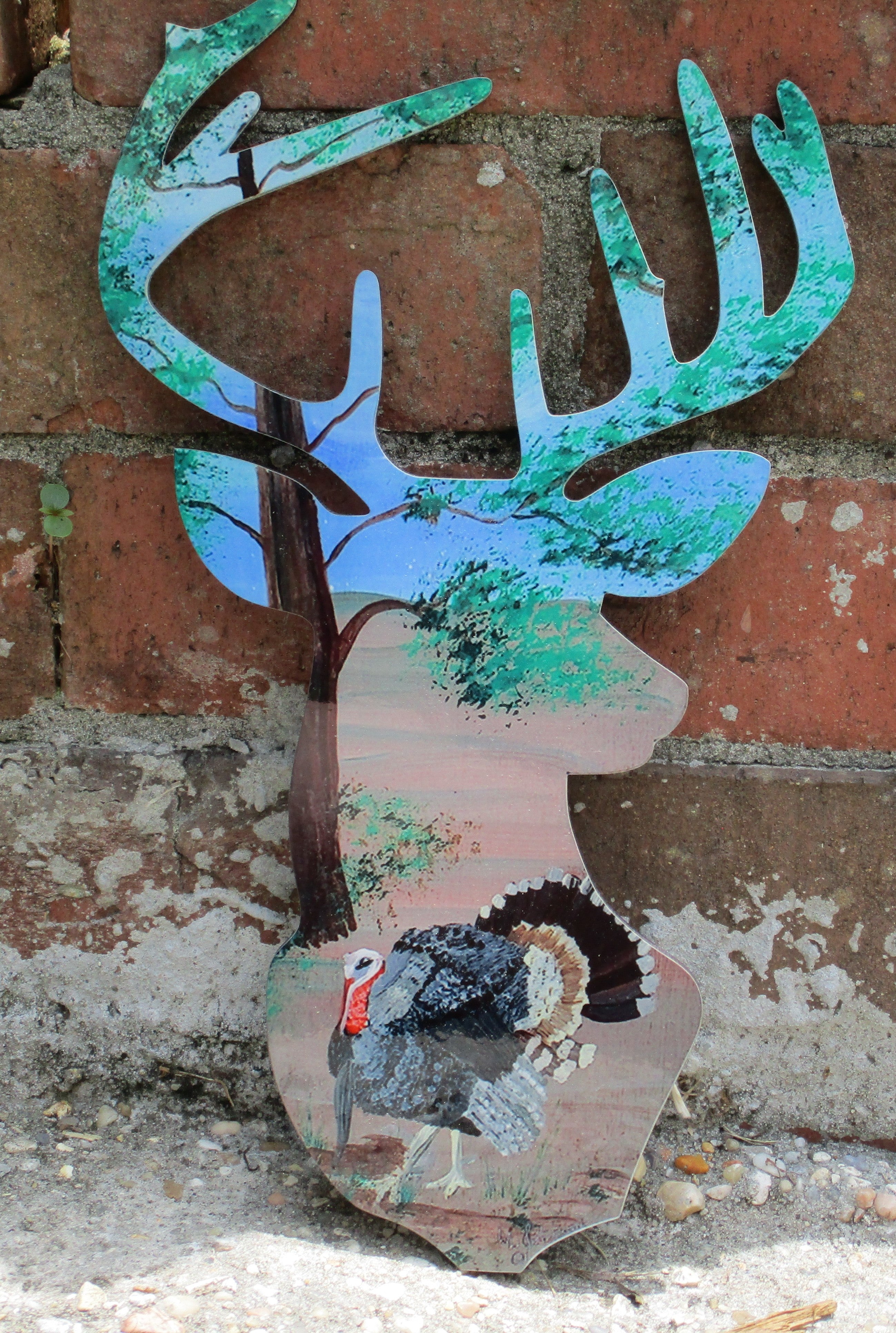 Wooden Deer Head painted turkey gobbler in woods art